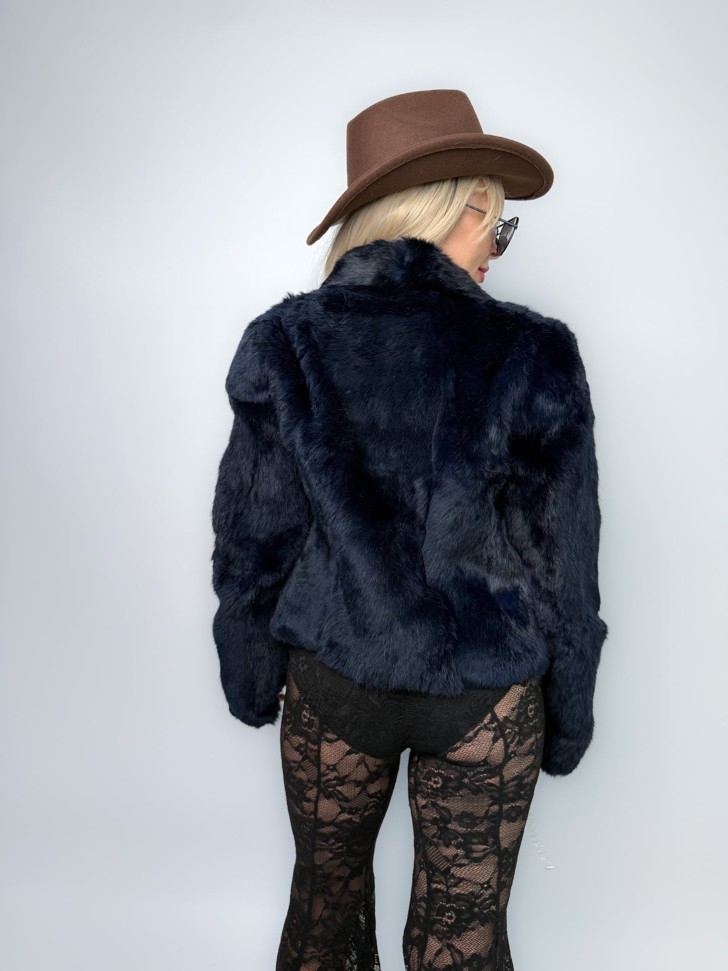 Vintage Y2K Navy Blue Rabbit Fur Jacket – Real Fur Cropped Winter Coat Size S-M
