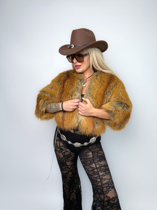 Vintage 90s Faux Fox Fur Cropped Jacket S