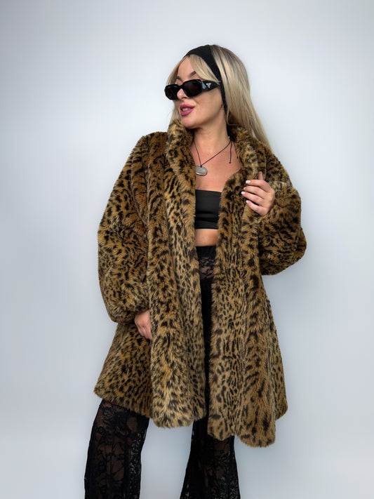 Leopard Print Faux Fur Coat – Vintage 80s Plus Size 2X A-Line Jacket