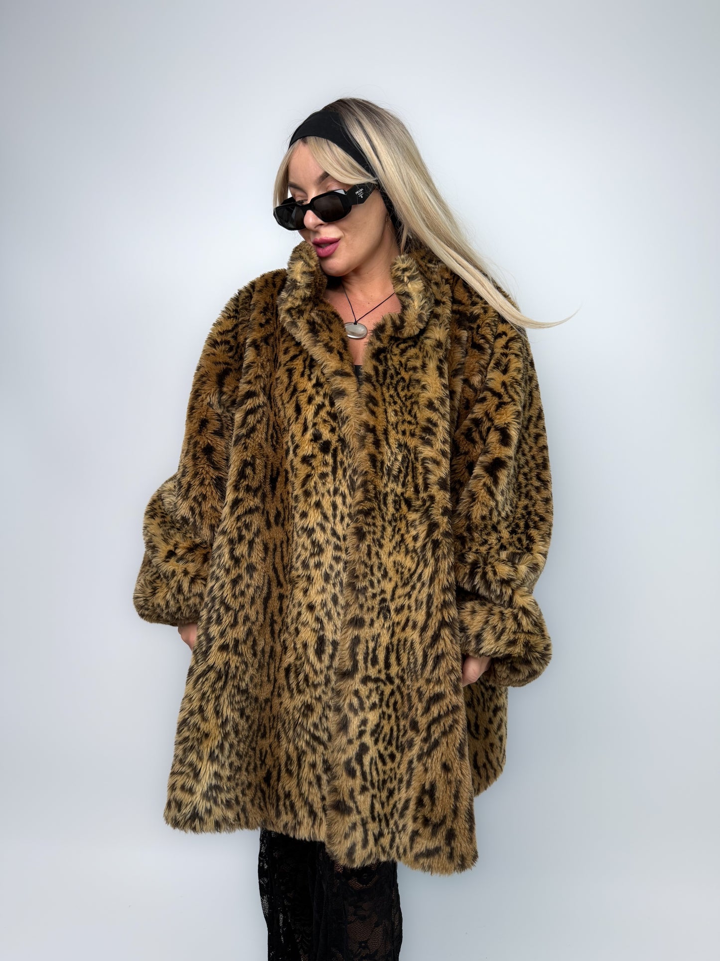 Leopard Print Faux Fur Coat – Vintage 80s Plus Size 2X A-Line Jacket