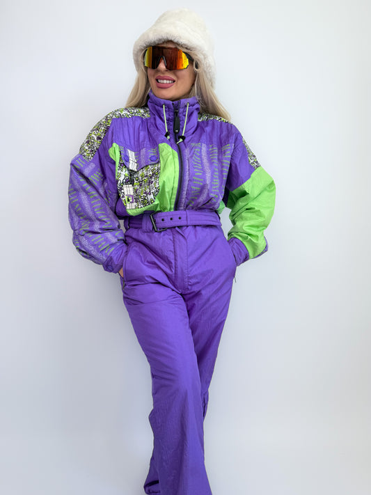 Vintage 90s Neon Ski Suit – Purple Green One Piece Snowsuit Slope Bunny Winter Jumpsuit M