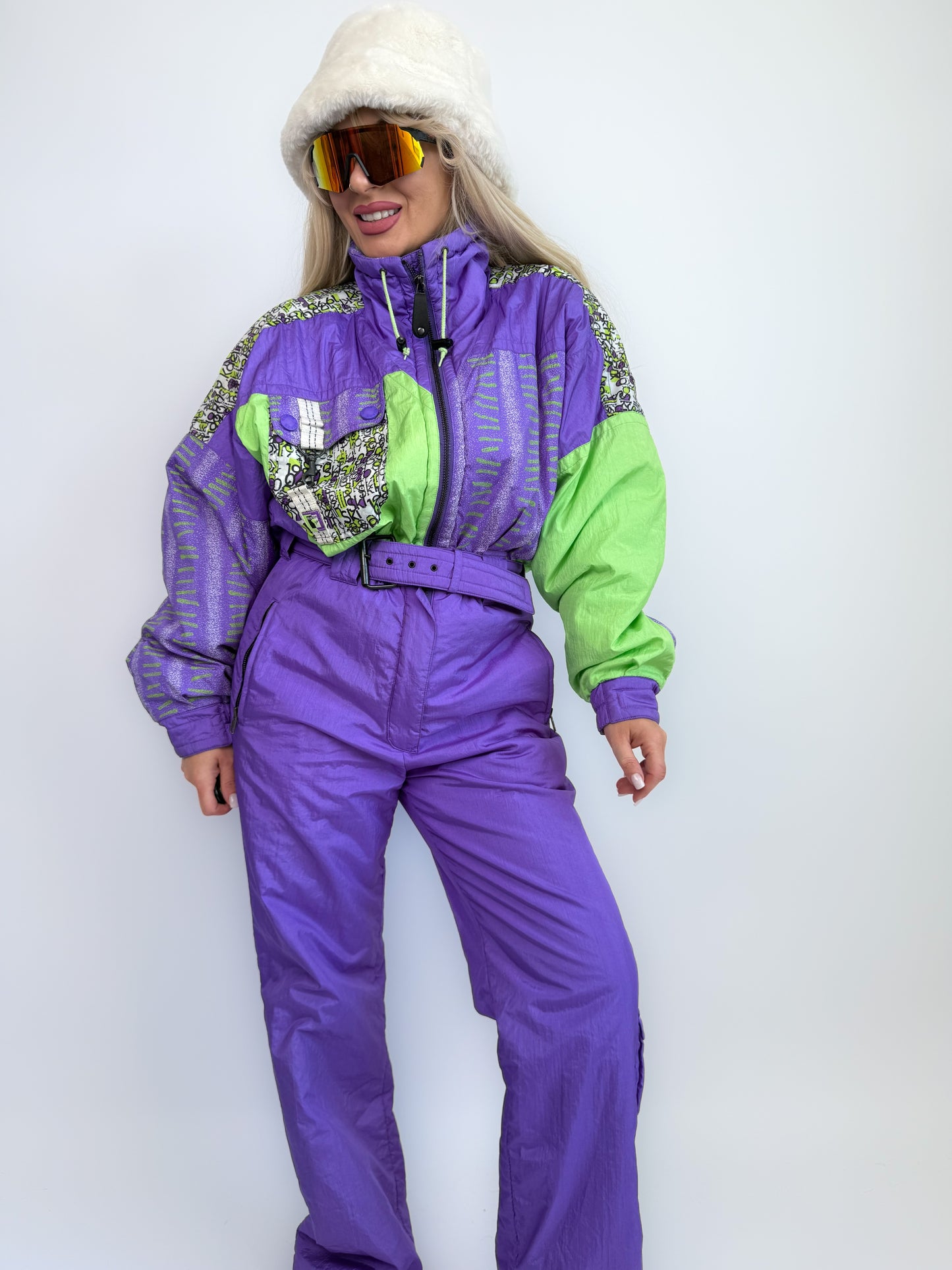 Vintage 90s Neon Ski Suit – Purple Green One Piece Snowsuit Slope Bunny Winter Jumpsuit M