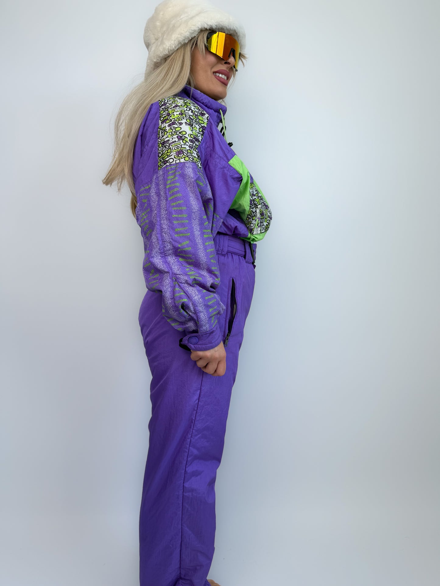 Vintage 90s Neon Ski Suit – Purple Green One Piece Snowsuit Slope Bunny Winter Jumpsuit M