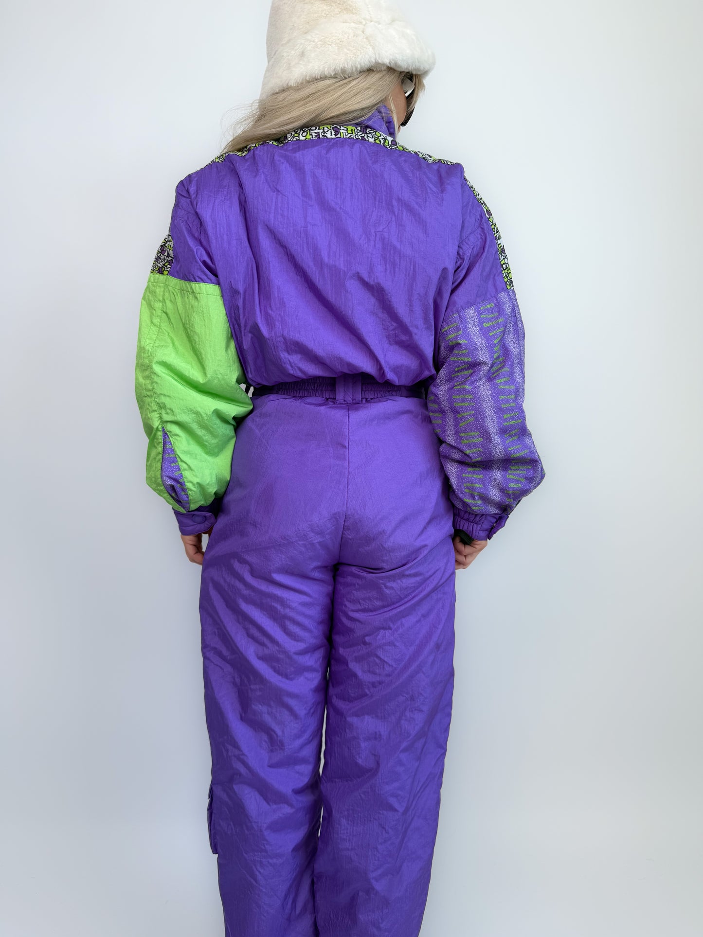 Vintage 90s Neon Ski Suit – Purple Green One Piece Snowsuit Slope Bunny Winter Jumpsuit M