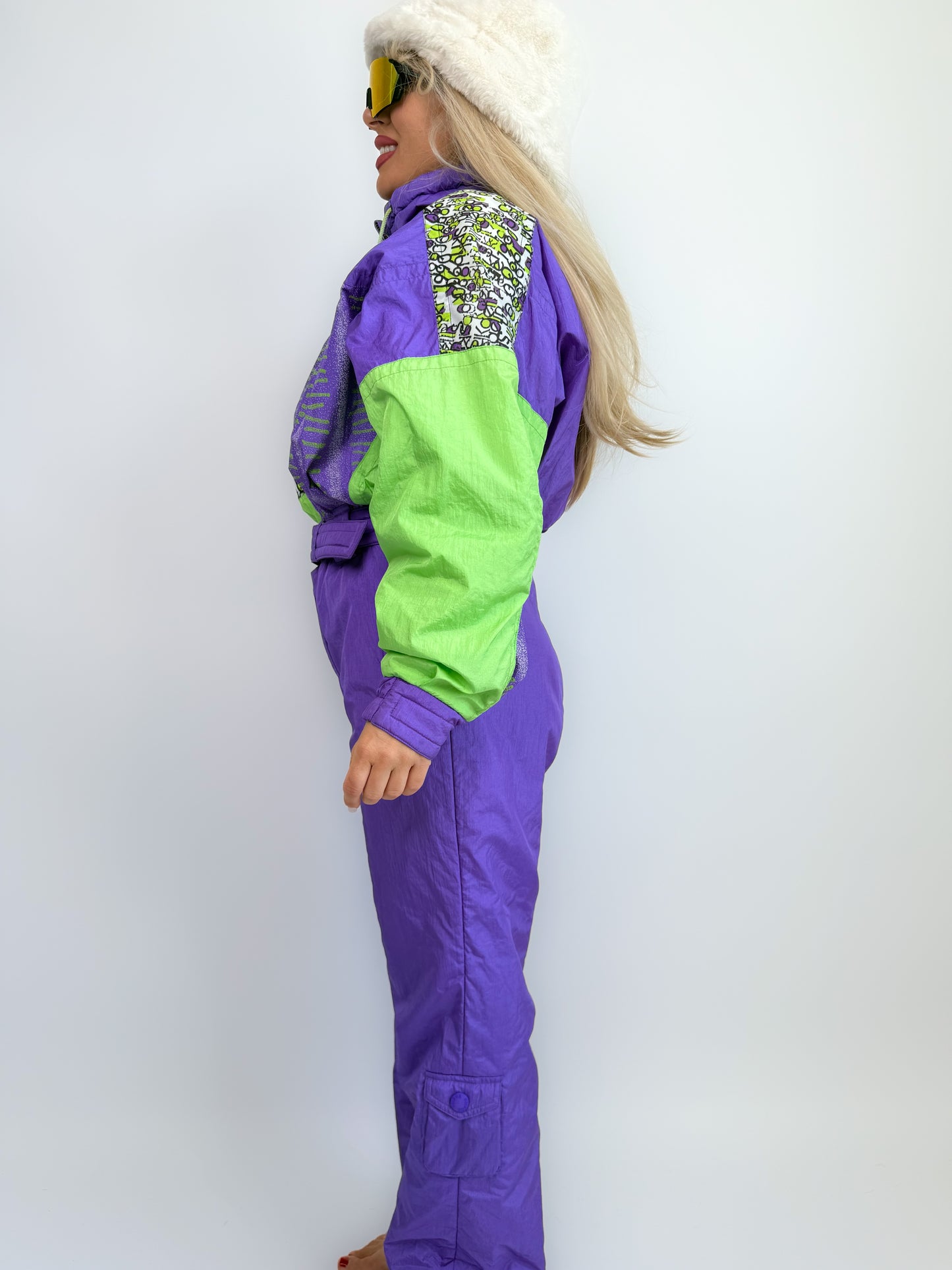 Vintage 90s Neon Ski Suit – Purple Green One Piece Snowsuit Slope Bunny Winter Jumpsuit M