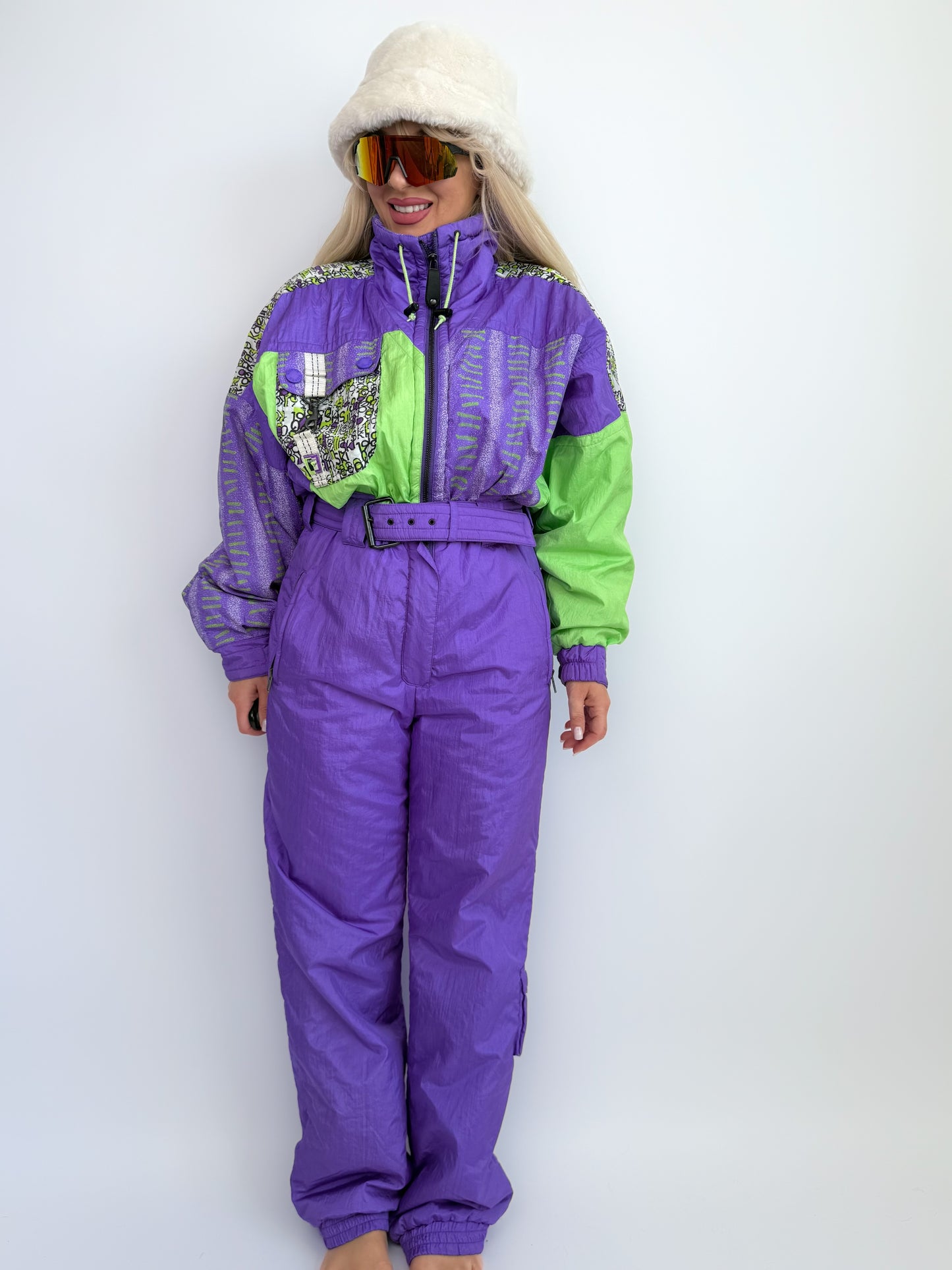 Vintage 90s Neon Ski Suit – Purple Green One Piece Snowsuit Slope Bunny Winter Jumpsuit M