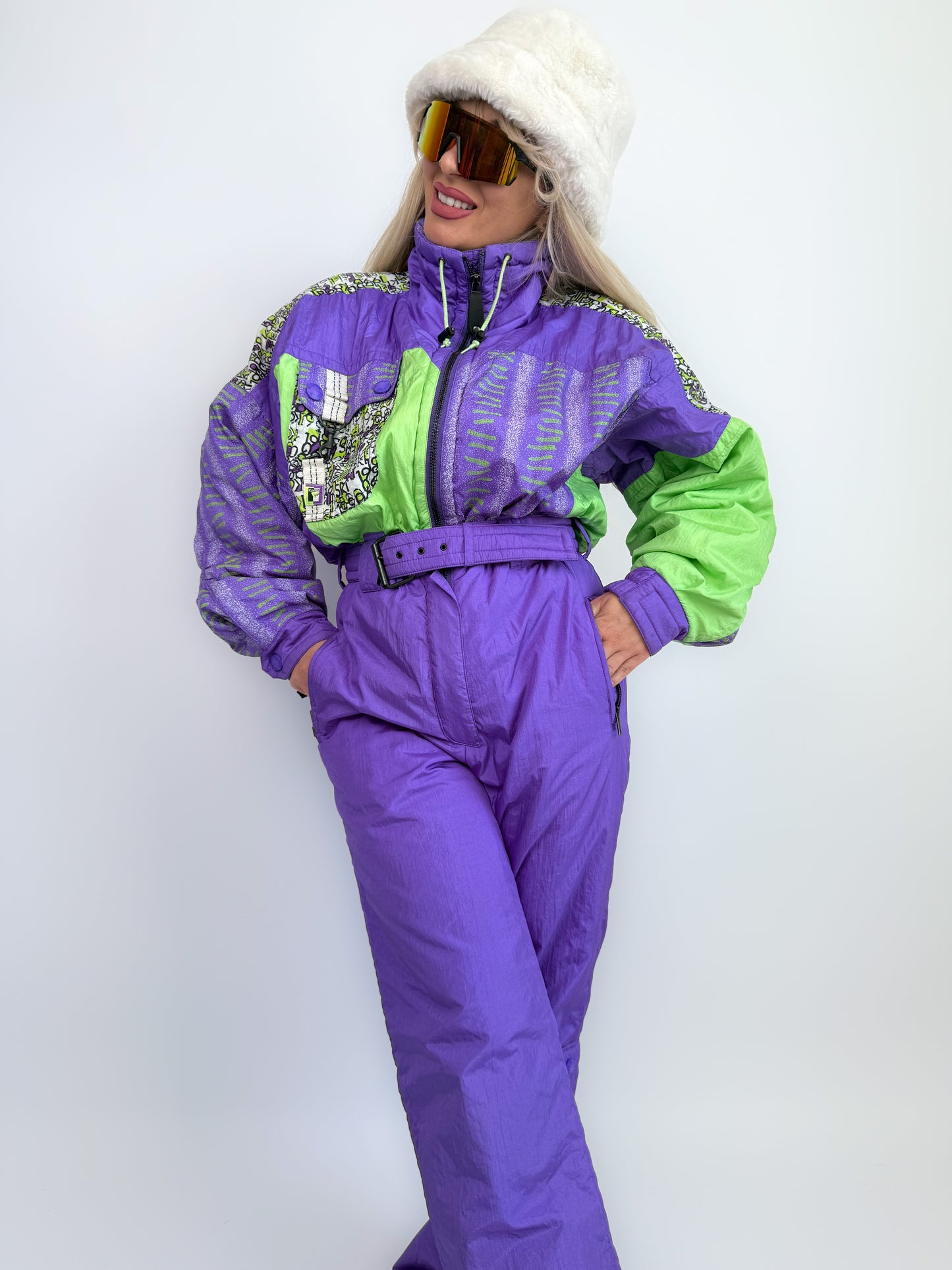 Vintage 90s Neon Ski Suit – Purple Green One Piece Snowsuit Slope Bunny Winter Jumpsuit M