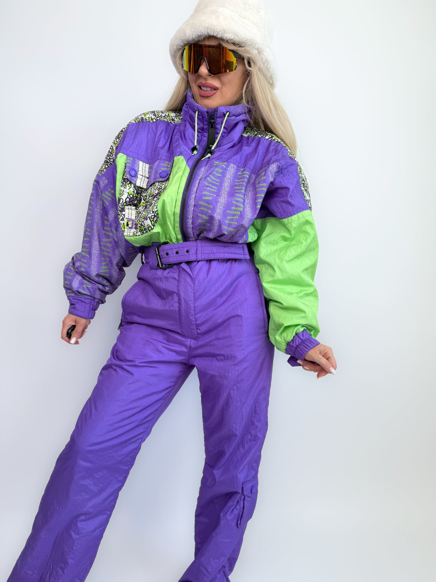 Vintage 90s Neon Ski Suit – Purple Green One Piece Snowsuit Slope Bunny Winter Jumpsuit M