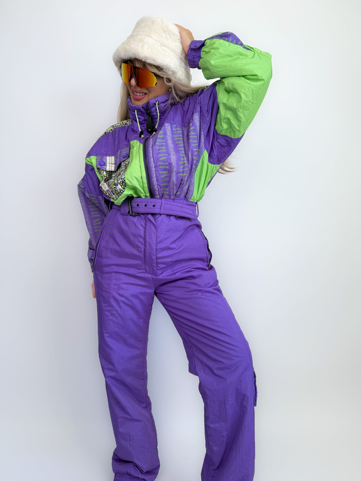 Vintage 90s Neon Ski Suit – Purple Green One Piece Snowsuit Slope Bunny Winter Jumpsuit M
