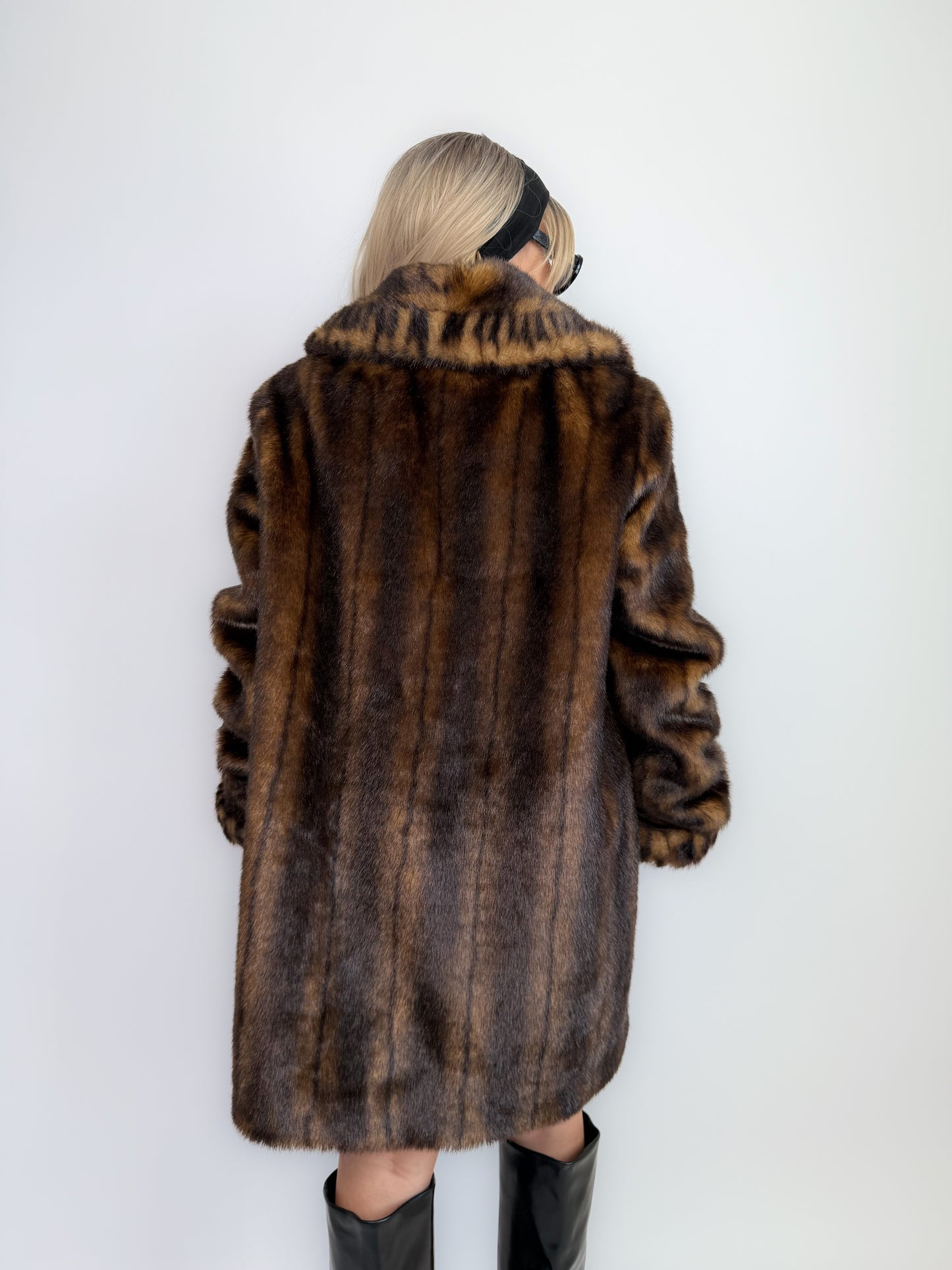 Vintage Brown Faux Fur Coat – 90s Mob Wife Style Winter Jacket Mid Length Winter Overcoat L-XL