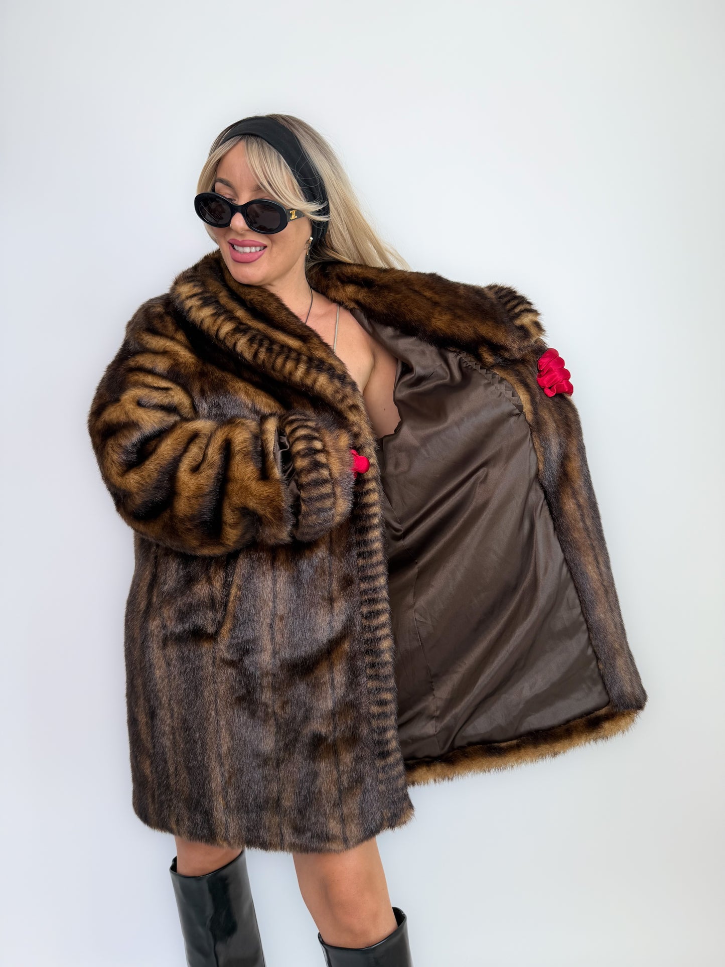 Vintage Brown Faux Fur Coat – 90s Mob Wife Style Winter Jacket Mid Length Winter Overcoat L-XL