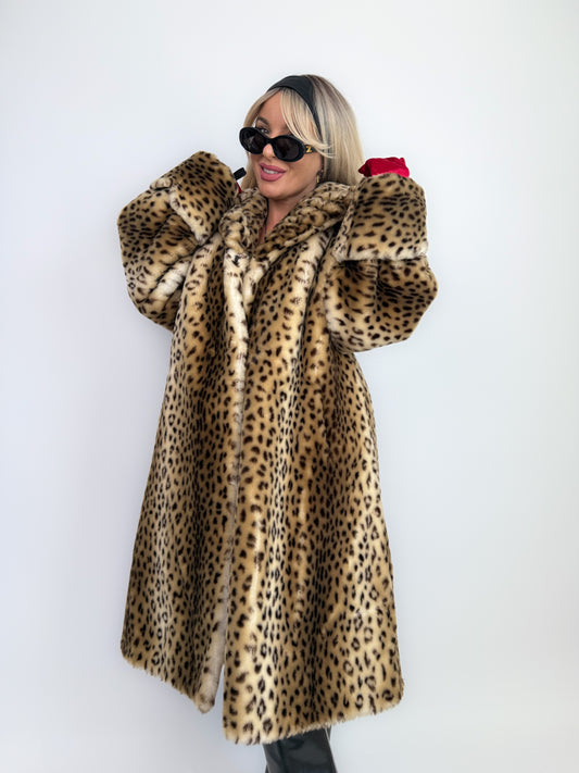 Vintage Leopard Print Faux Fur Coat – 90s Long Winter Jacket Overcoat Size L XL