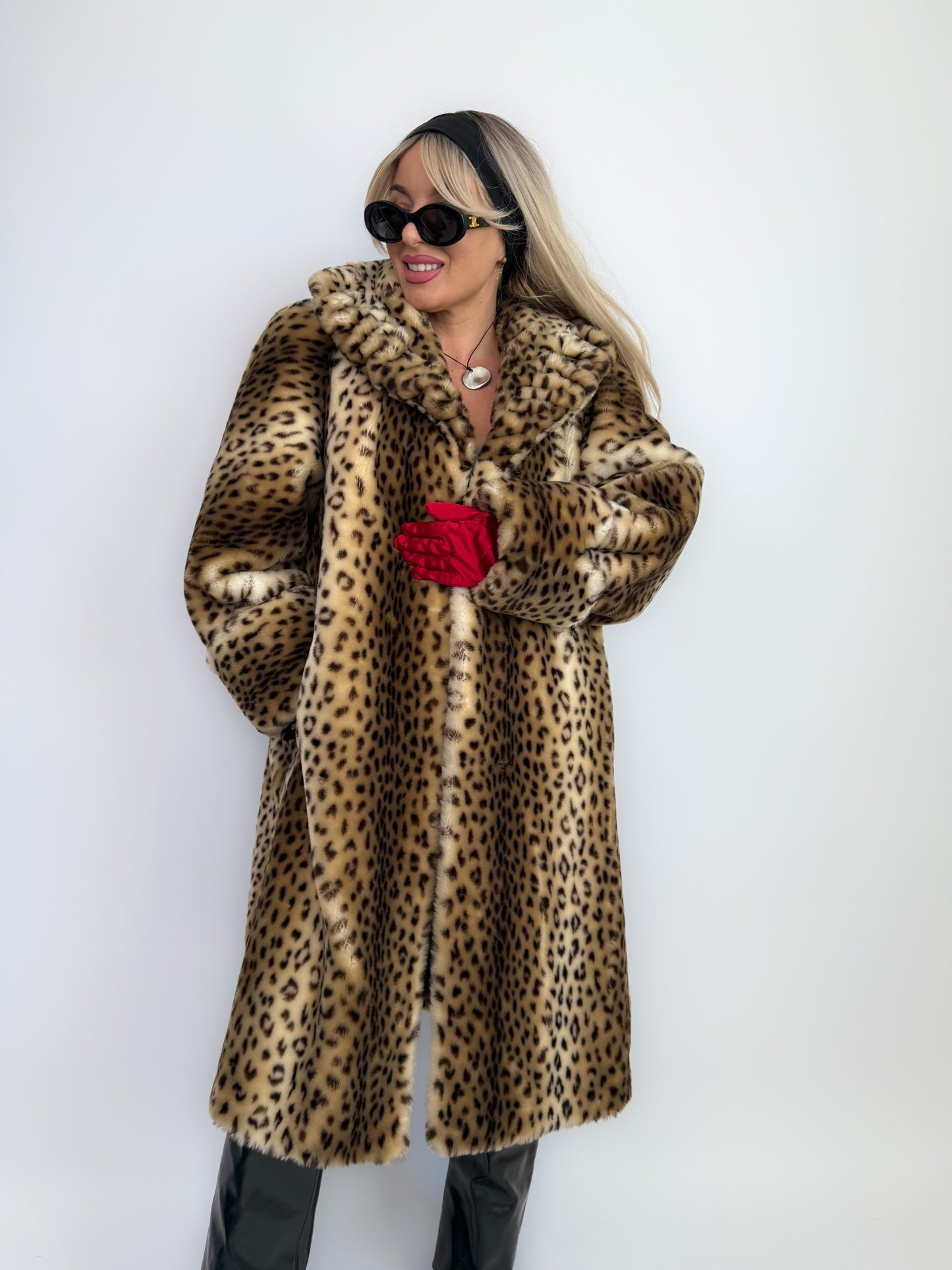 Vintage Leopard Print Faux Fur Coat – 90s Long Winter Jacket Overcoat Size L XL