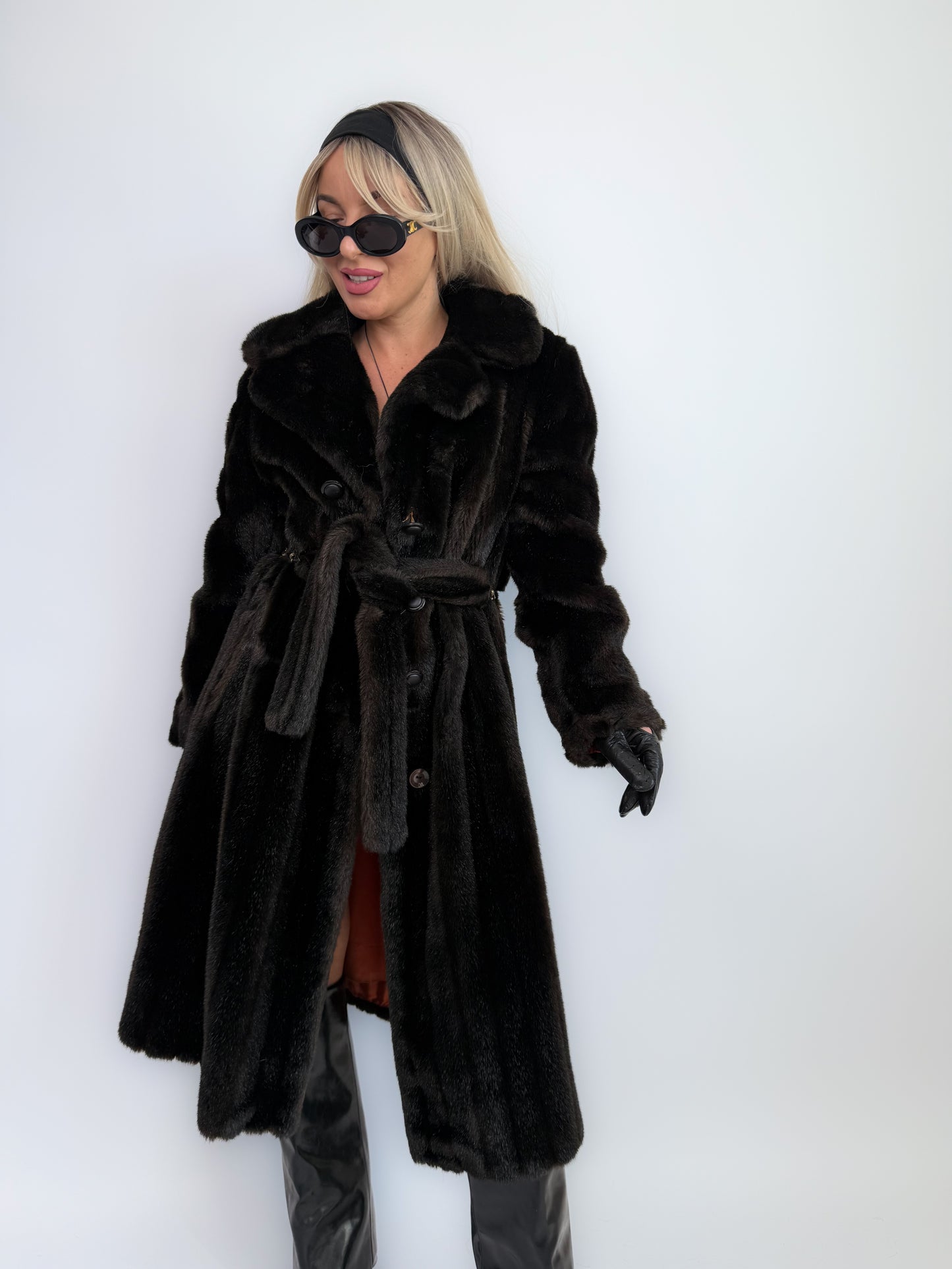 Vintage Faux Fur Coat Mid Length Winter Overcoat with Waist Tie Black - Size Small