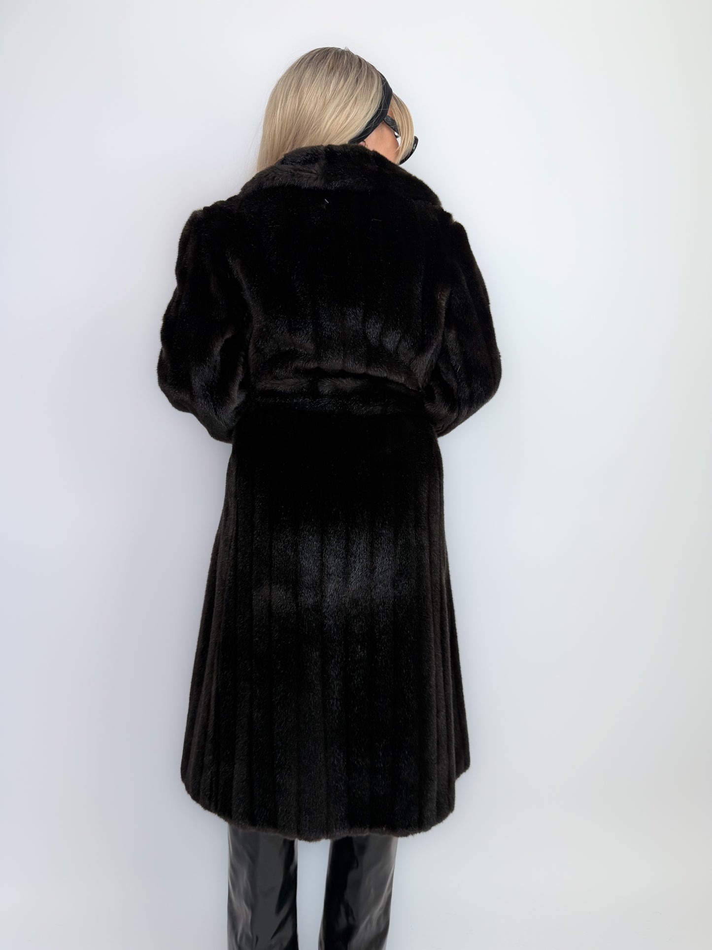 Vintage Faux Fur Coat Mid Length Winter Overcoat with Waist Tie Black - Size Small