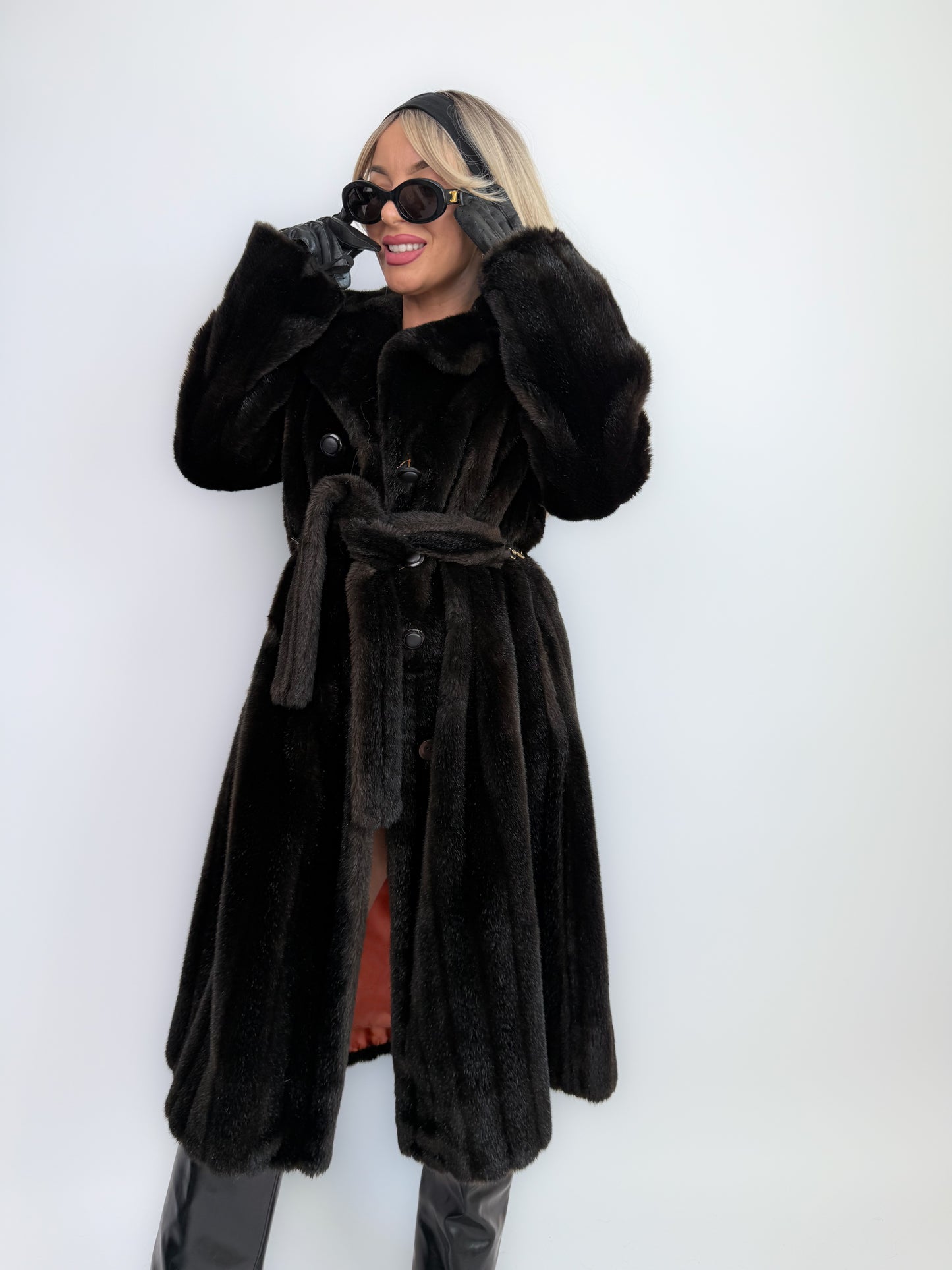Vintage Faux Fur Coat Mid Length Winter Overcoat with Waist Tie Black - Size Small