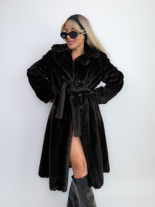 Vintage Faux Fur Coat Mid Length Winter Overcoat with Waist Tie Black - Size Small