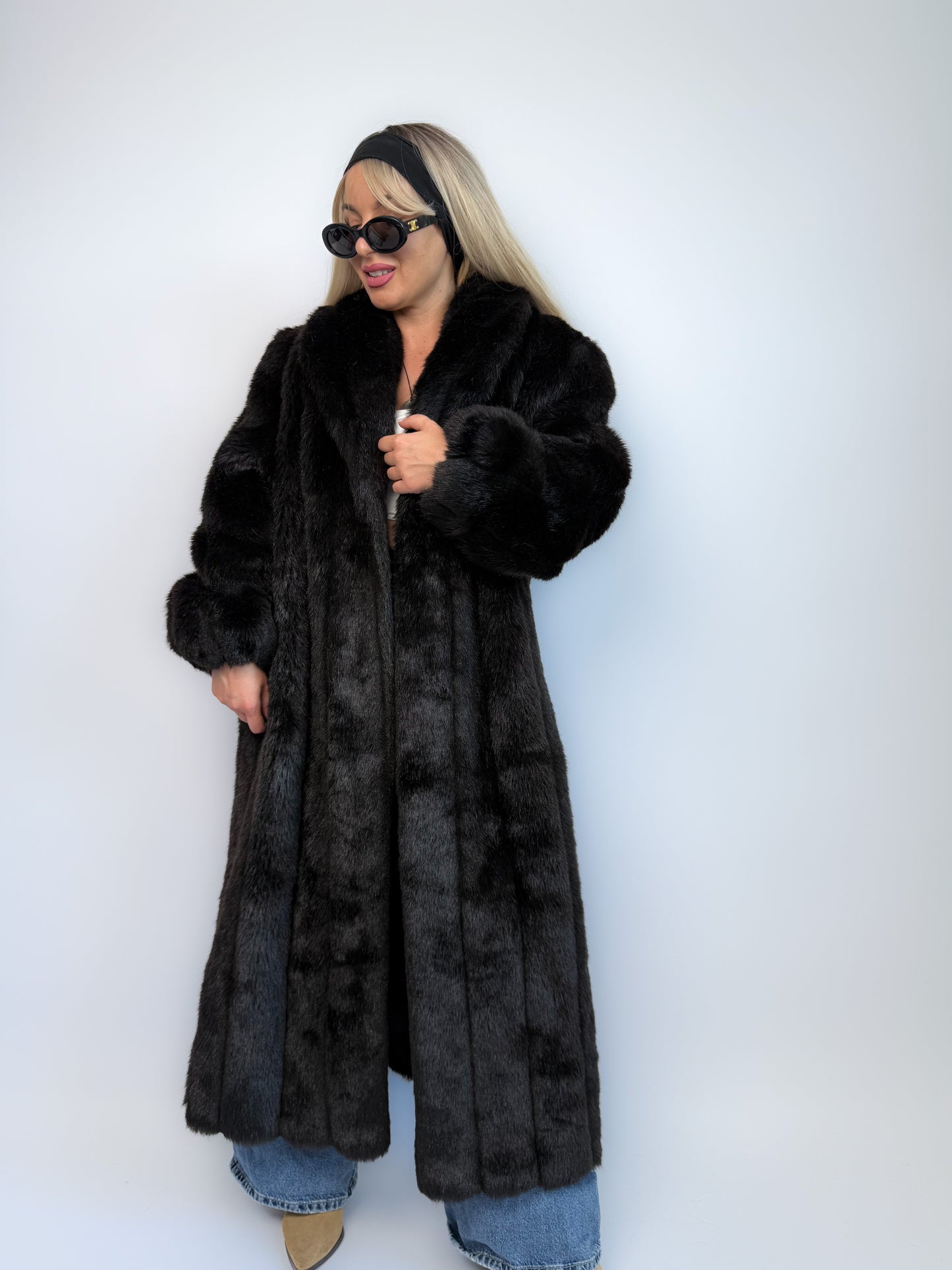 Vintage Black Faux Fur Full Length Winter Coat L