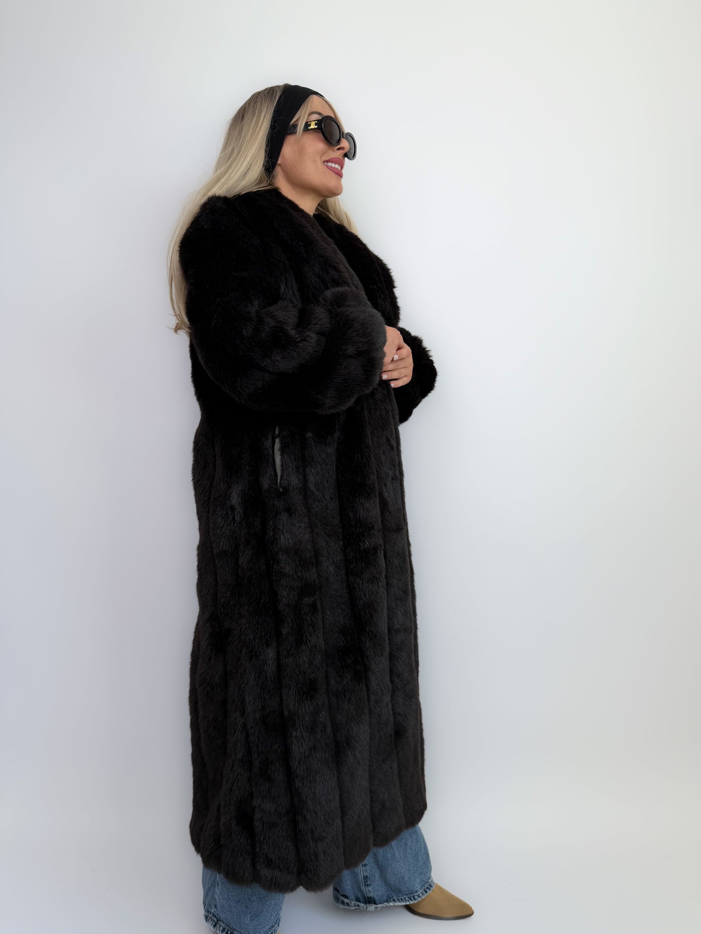 Vintage Black Faux Fur Full Length Winter Coat L