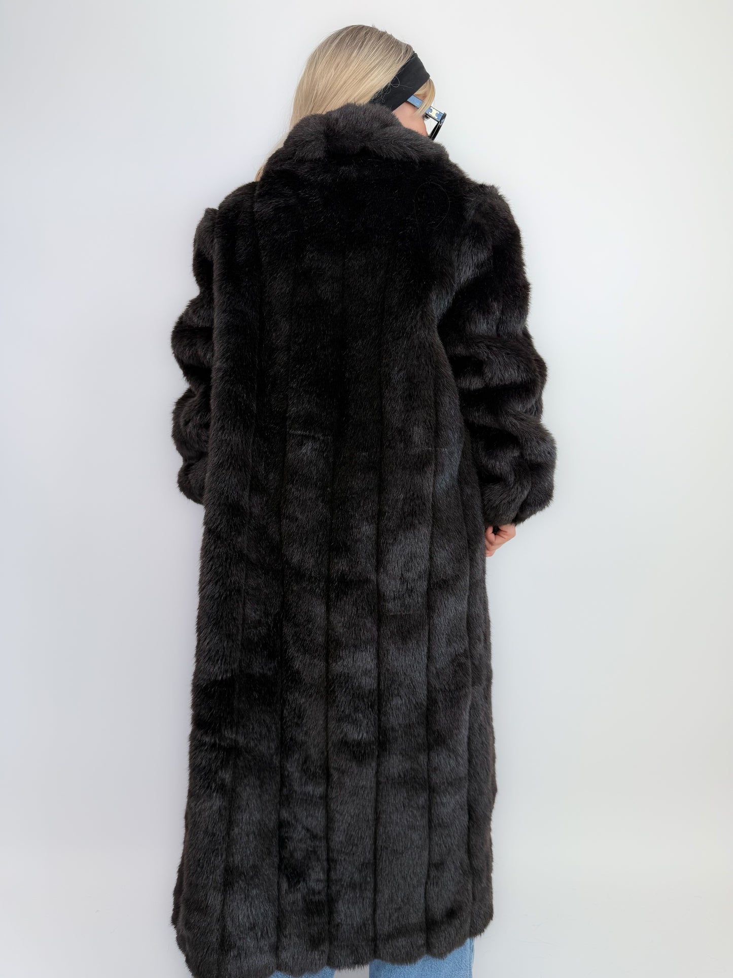 Vintage Black Faux Fur Full Length Winter Coat L