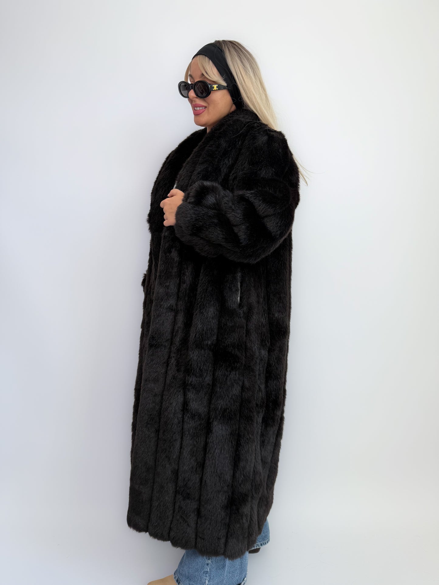 Vintage Black Faux Fur Full Length Winter Coat L