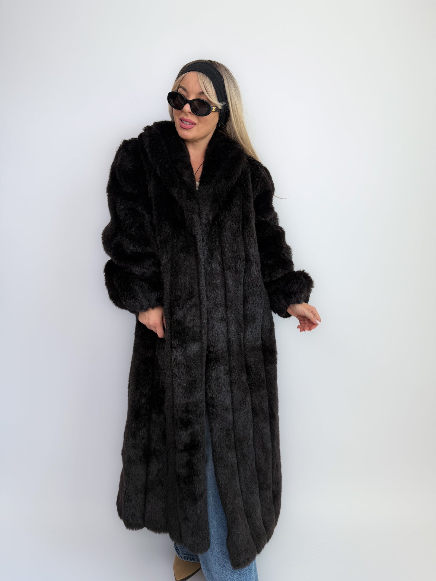 Vintage Black Faux Fur Full Length Winter Coat L