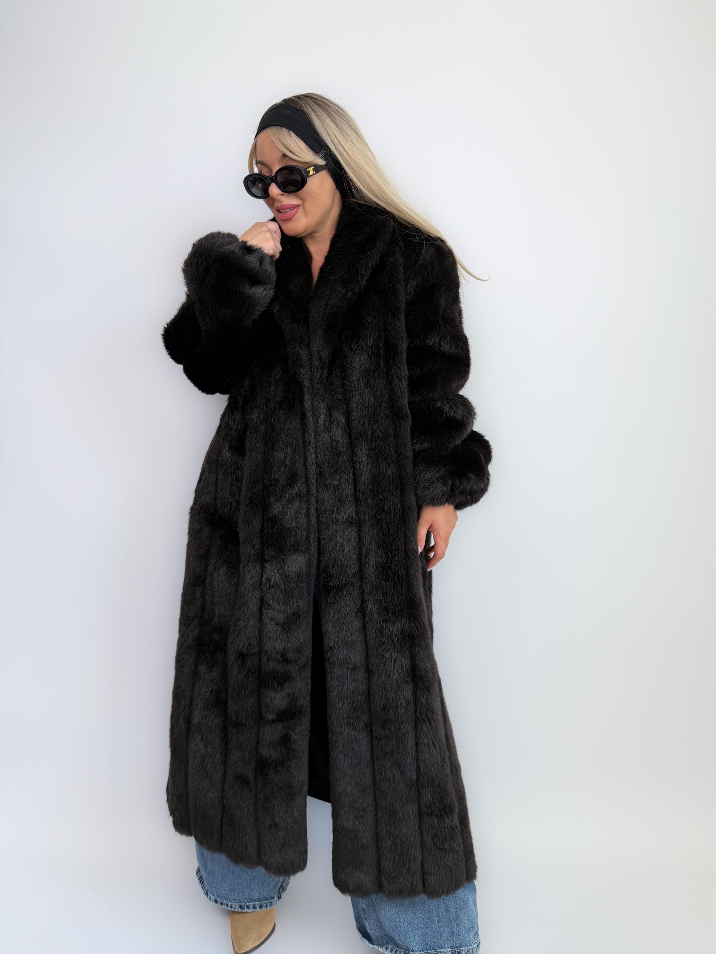 Vintage Black Faux Fur Full Length Winter Coat L