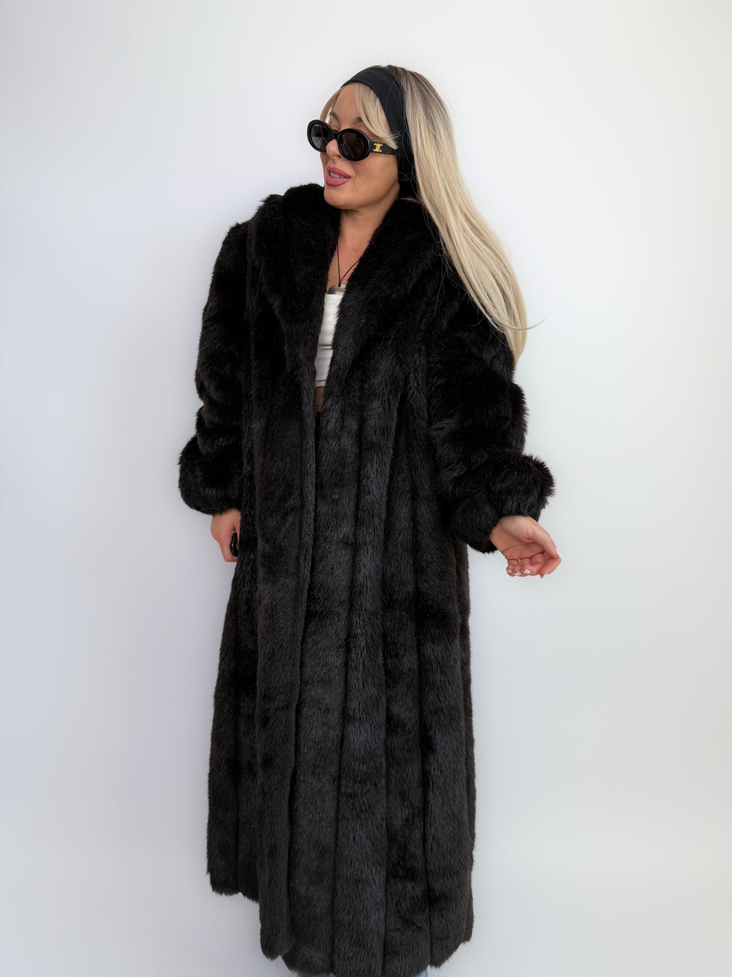 Vintage Black Faux Fur Full Length Winter Coat L
