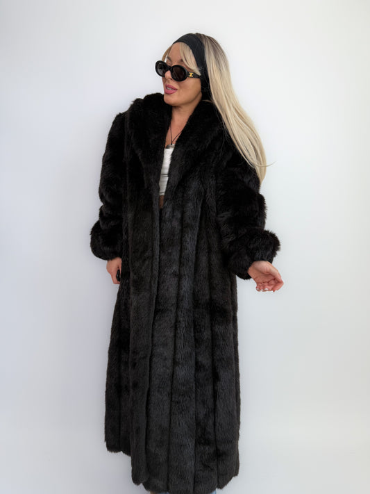 Vintage Black Faux Fur Full Length Winter Coat L