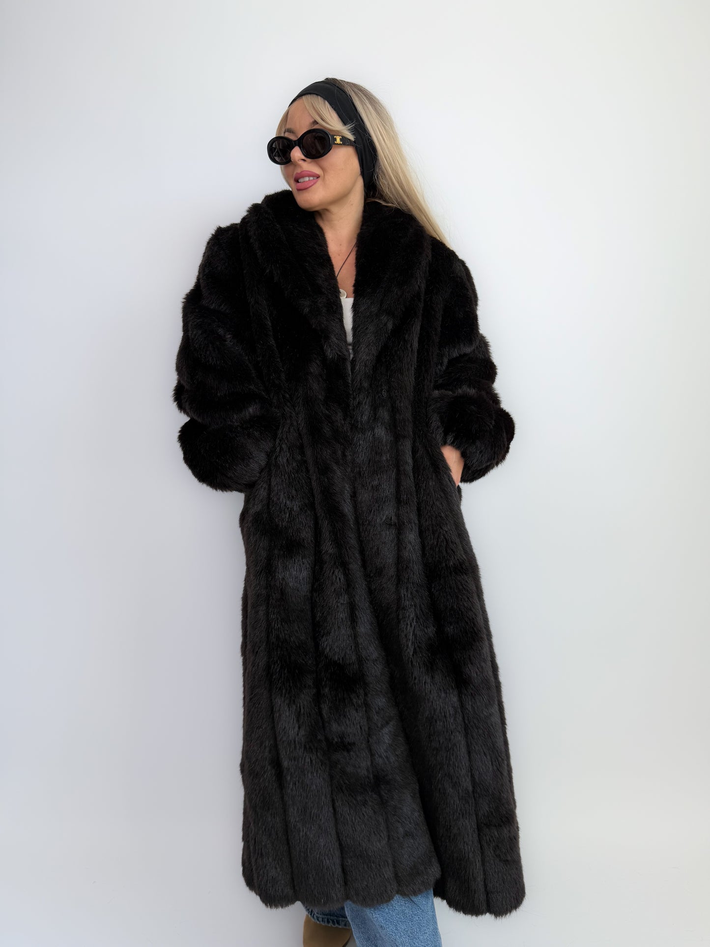 Vintage Black Faux Fur Full Length Winter Coat L