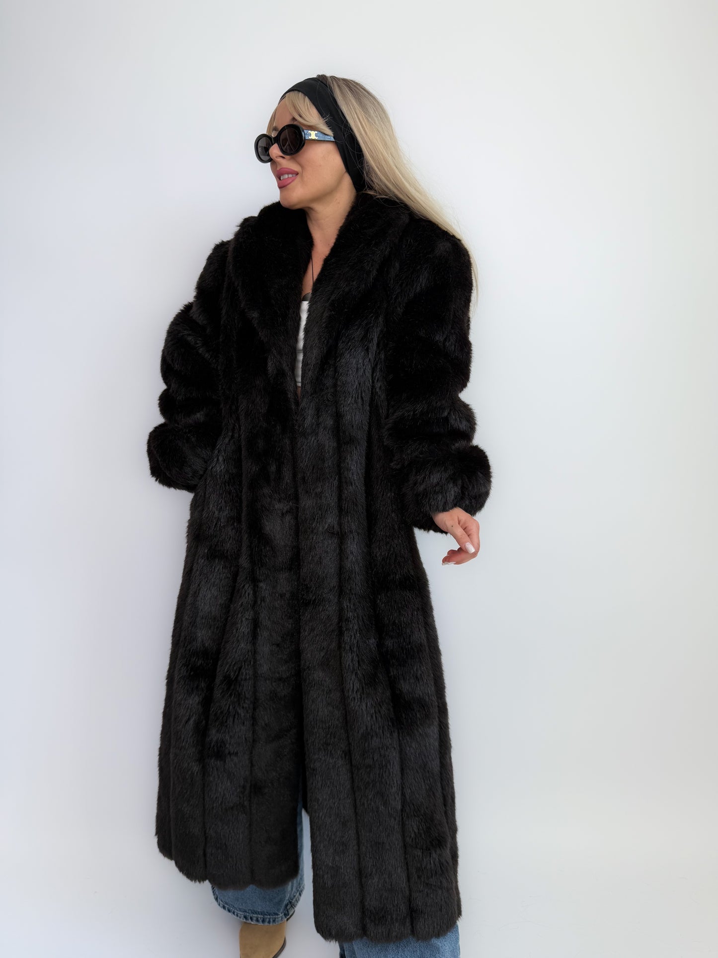 Vintage Black Faux Fur Full Length Winter Coat L