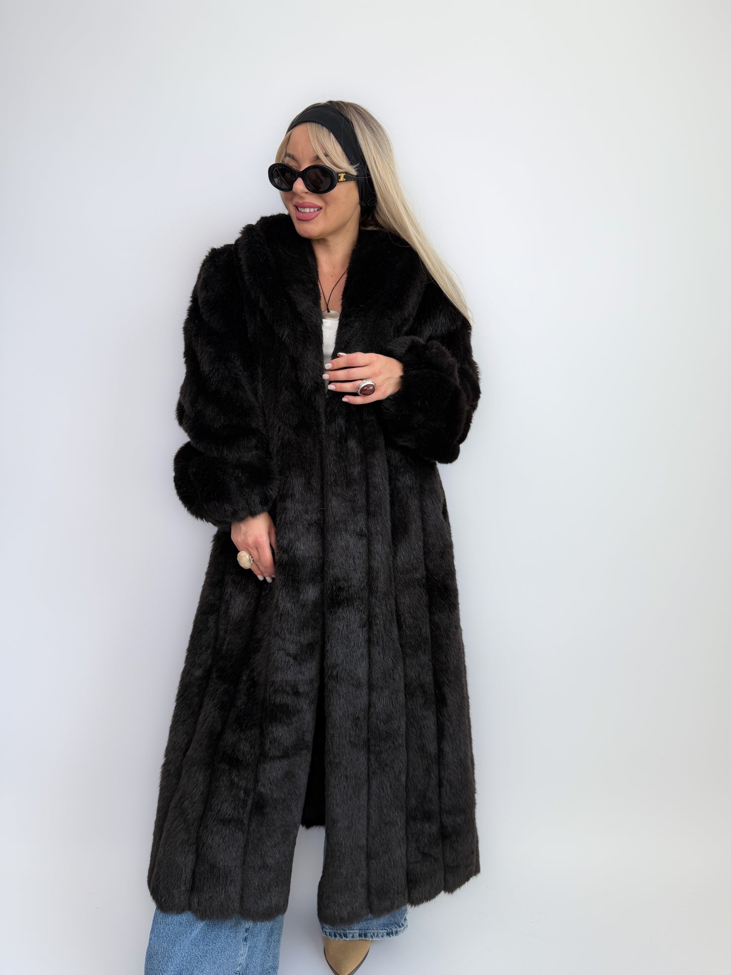 Vintage Black Faux Fur Full Length Winter Coat L