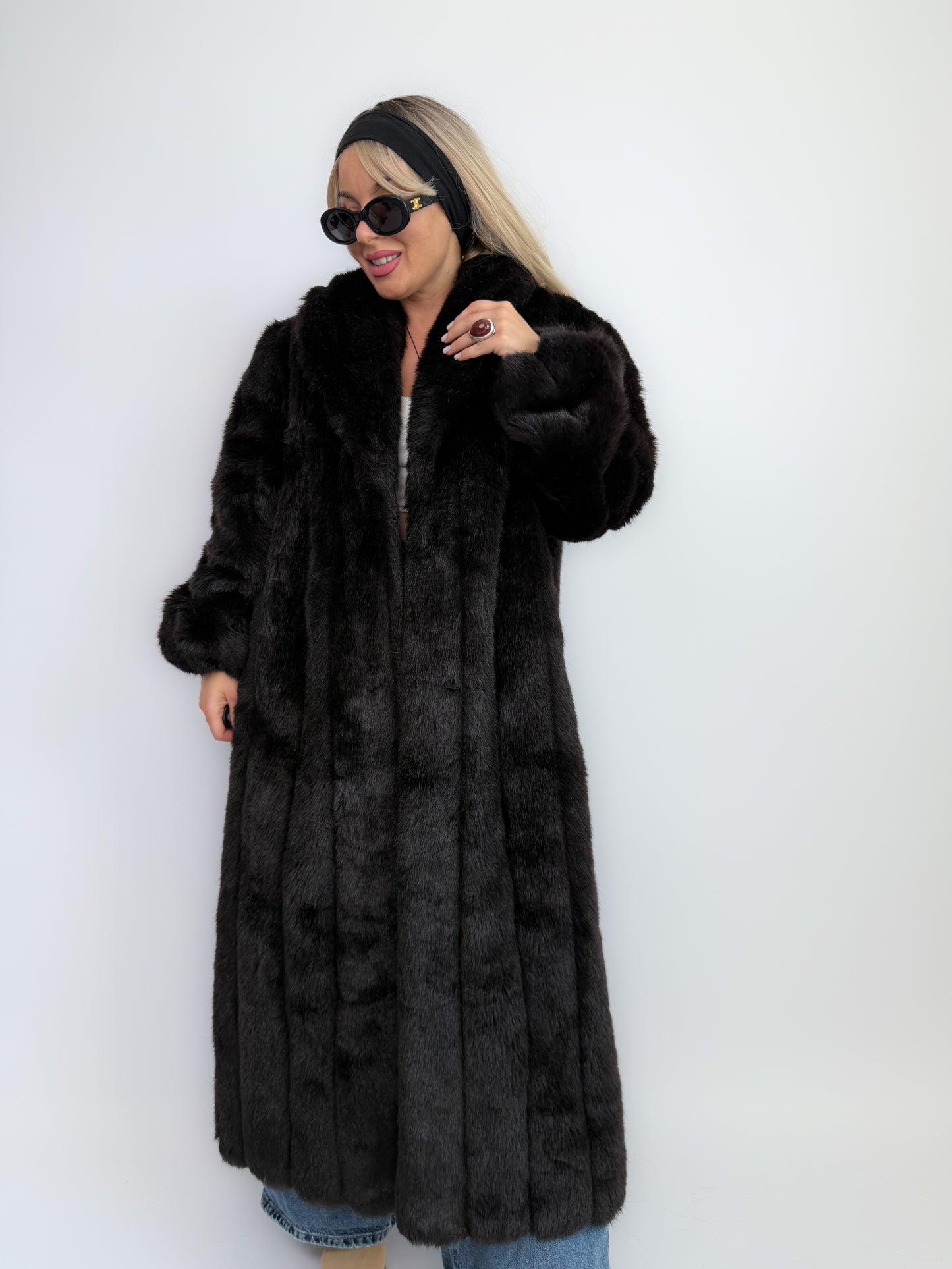 Vintage Black Faux Fur Full Length Winter Coat L