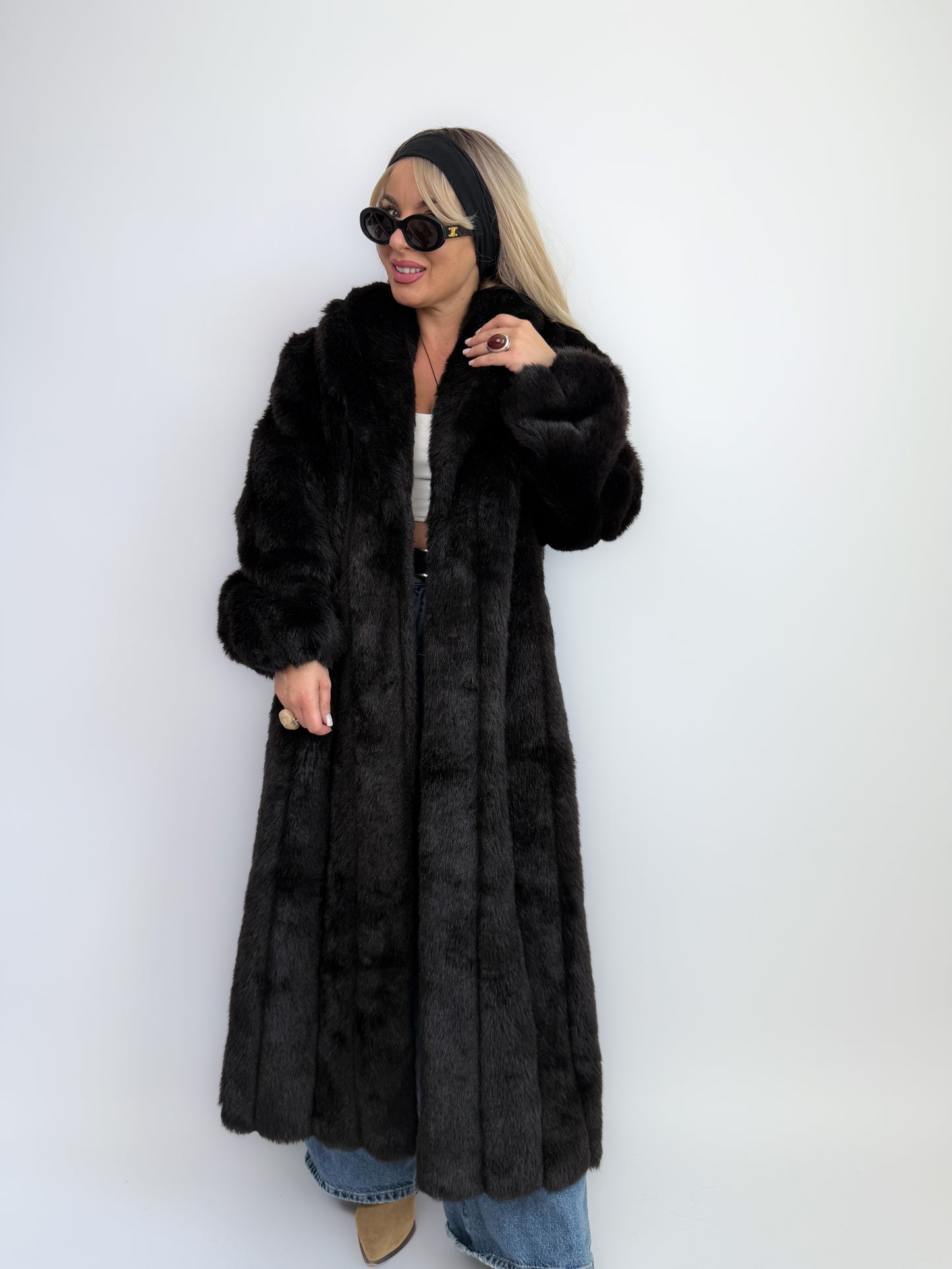 Vintage Black Faux Fur Full Length Winter Coat L