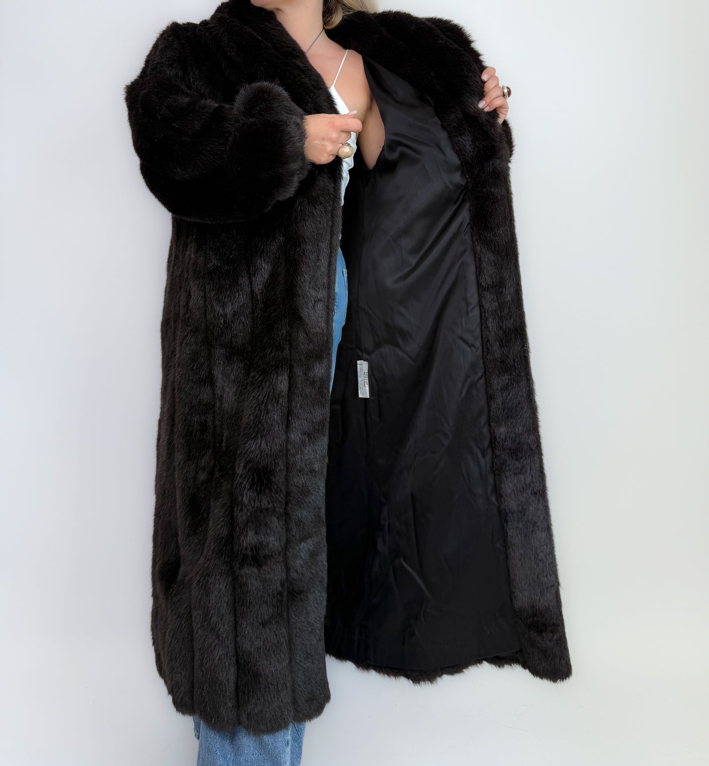 Vintage Black Faux Fur Full Length Winter Coat L