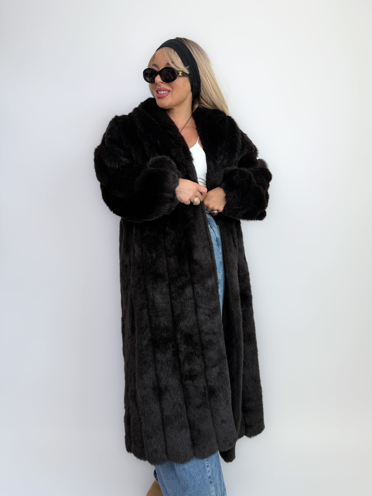 Vintage Black Faux Fur Full Length Winter Coat L