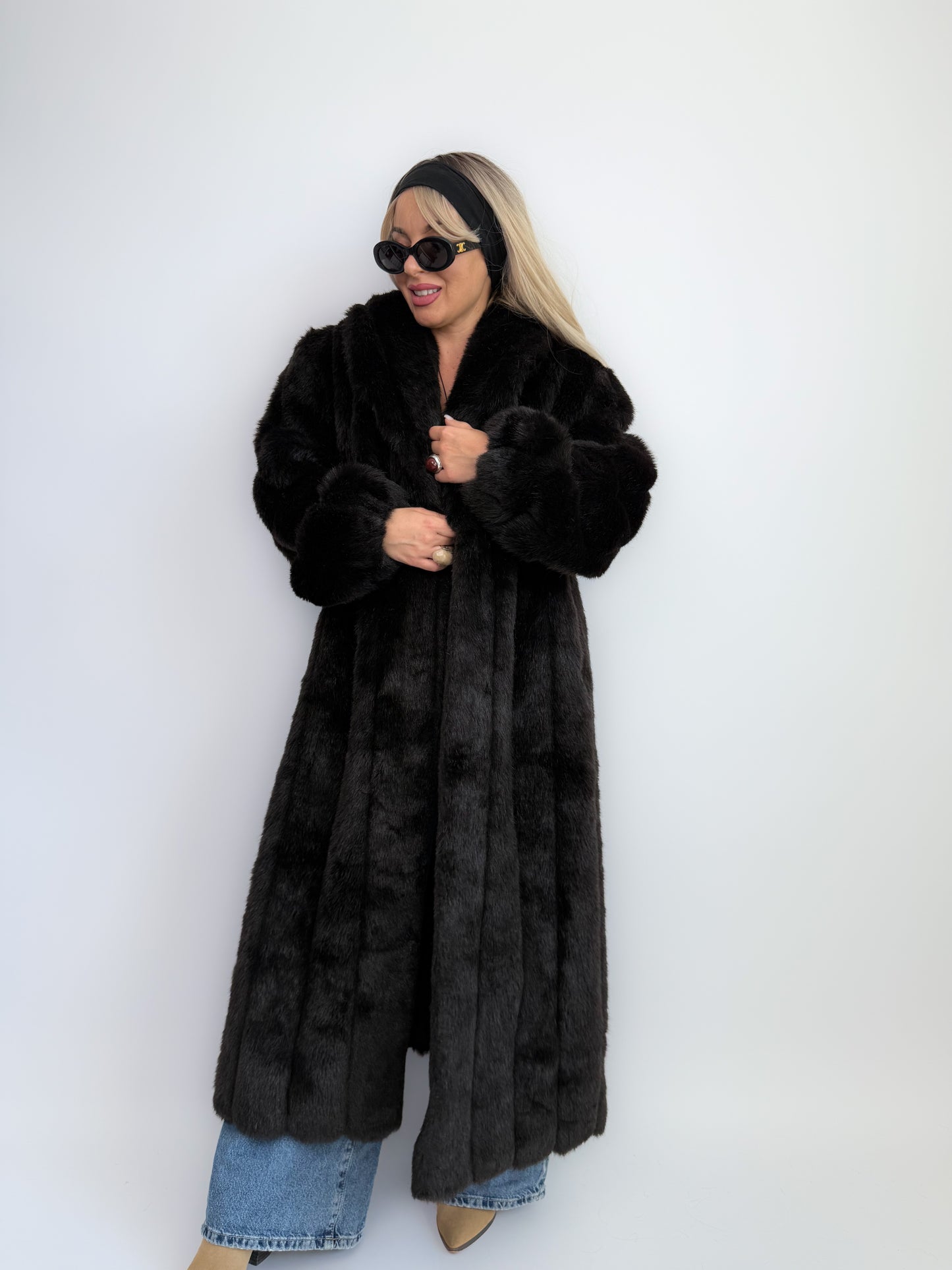 Vintage Black Faux Fur Full Length Winter Coat L