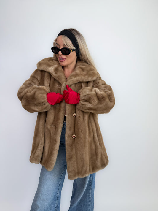 Vintage Tan Faux Fur Coat – 70s 80s Beige Winter Jacket  Size L