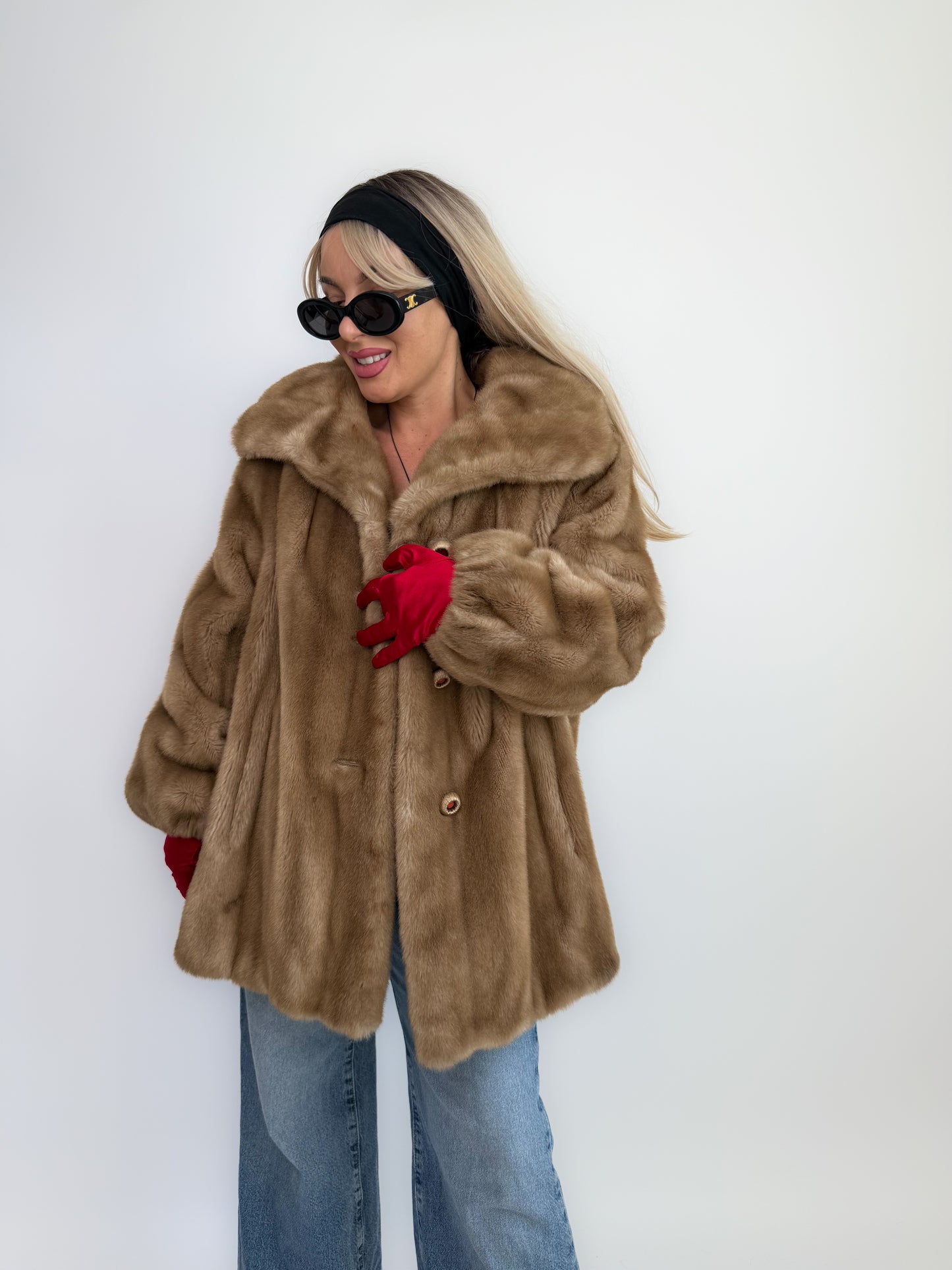 Vintage Tan Faux Fur Coat – 70s 80s Beige Winter Jacket  Size L