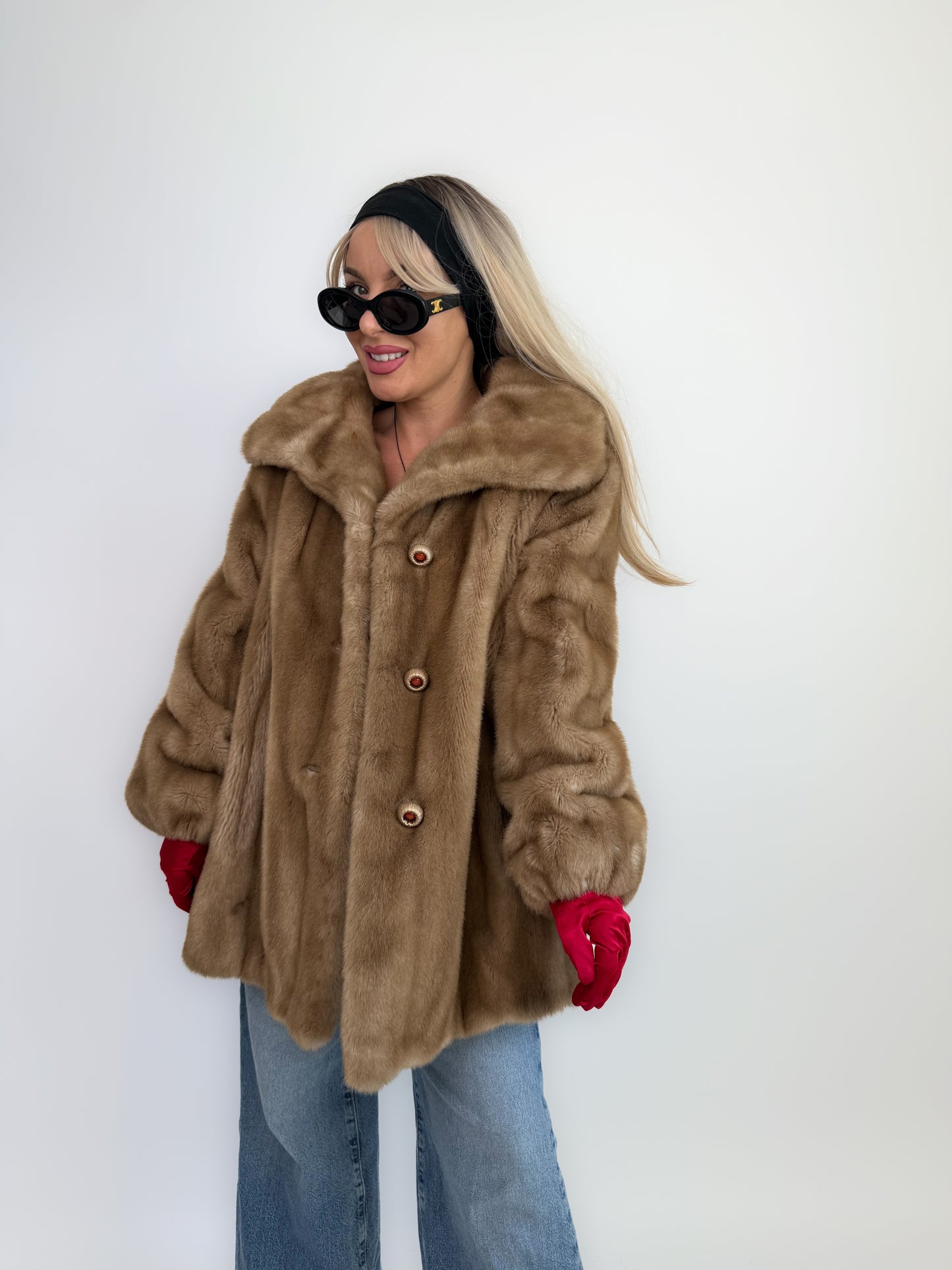 Vintage Tan Faux Fur Coat – 70s 80s Beige Winter Jacket  Size L