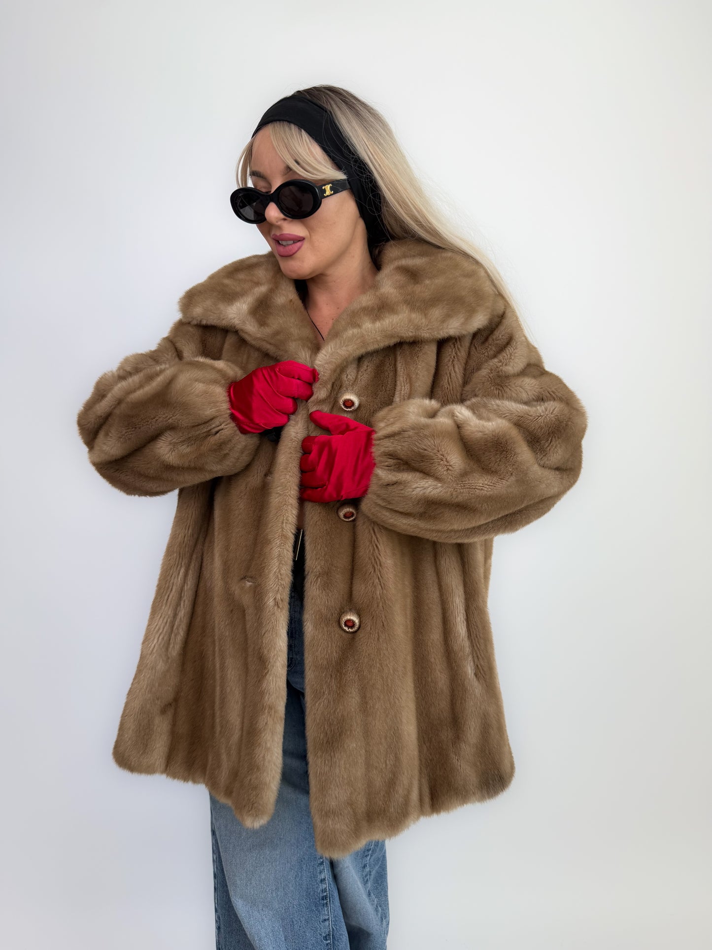 Vintage Tan Faux Fur Coat – 70s 80s Beige Winter Jacket  Size L
