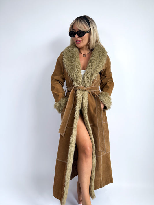 Vintage 70s Penny Lane Afghan Coat – Suede with Faux Fur Trim - Size S-M