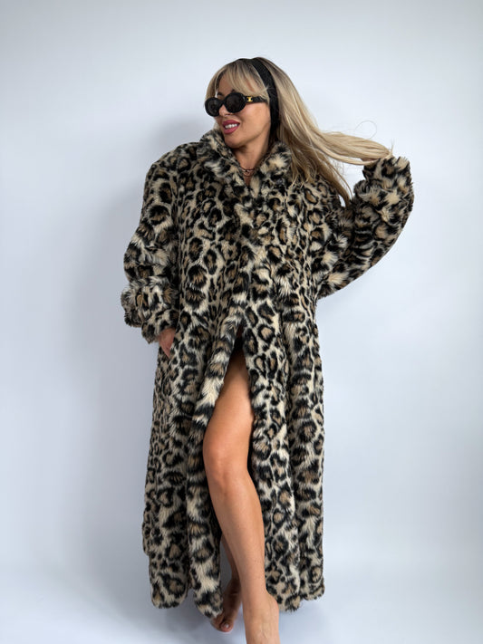 Vintage Leopard Print Faux Fur Maxi Coat - Size L