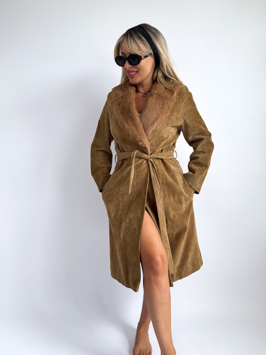 Penny Lane Inspired Suede Coat – Faux Fur Collar, XS/S Fit