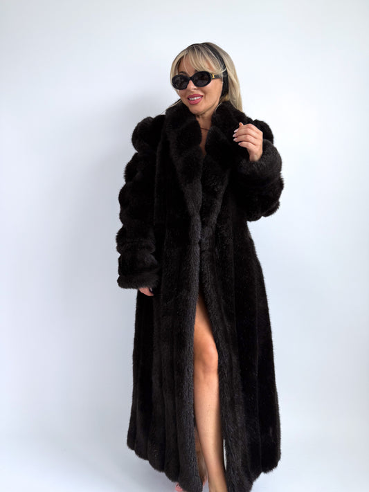 Full-Length Vintage Faux Fur Coat in Black, S