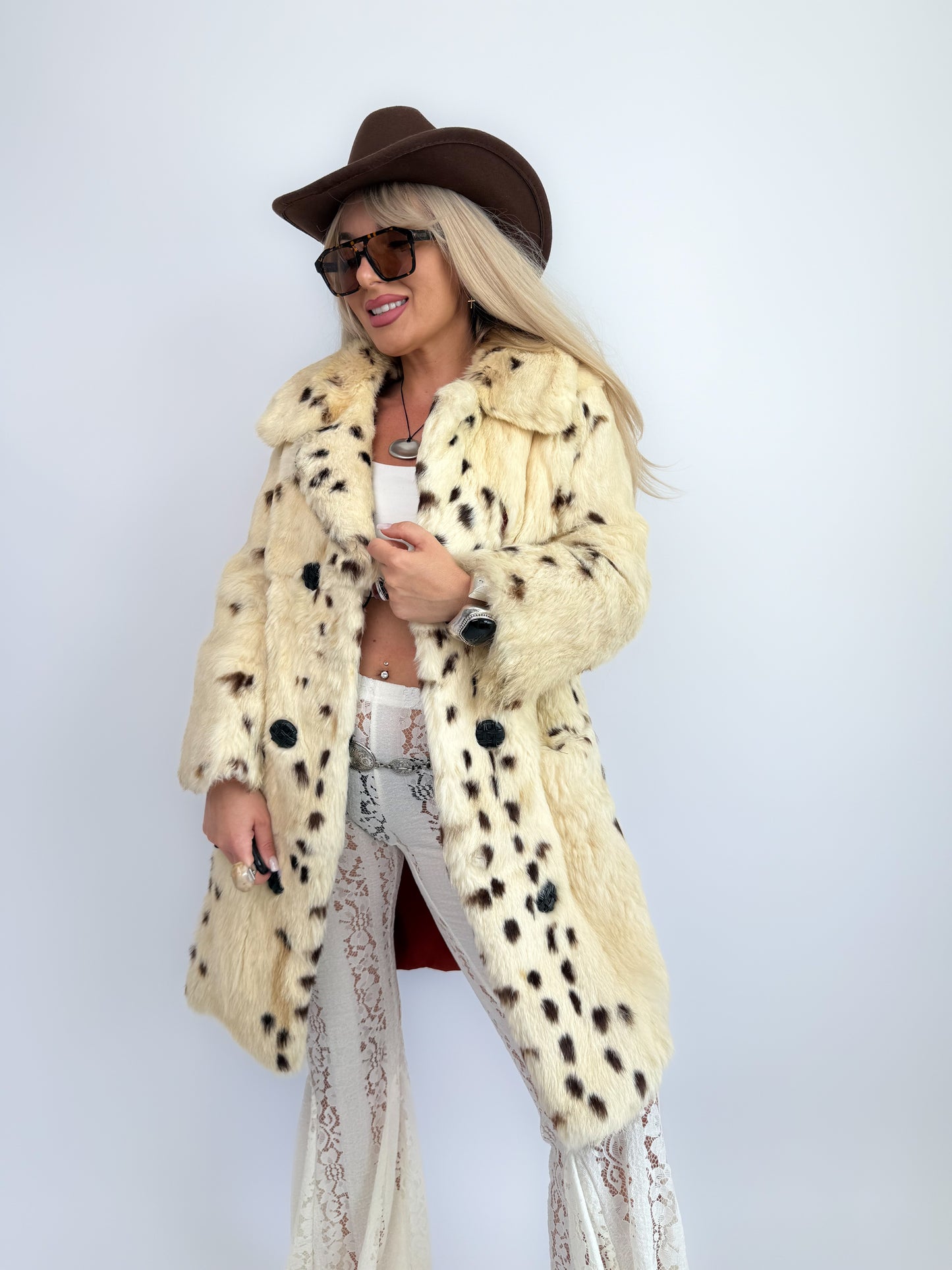 Vintage Natural Rabbit Fur Coat – Cream Brown Cow Print Mid-Length Winter Jacket Size XS-S