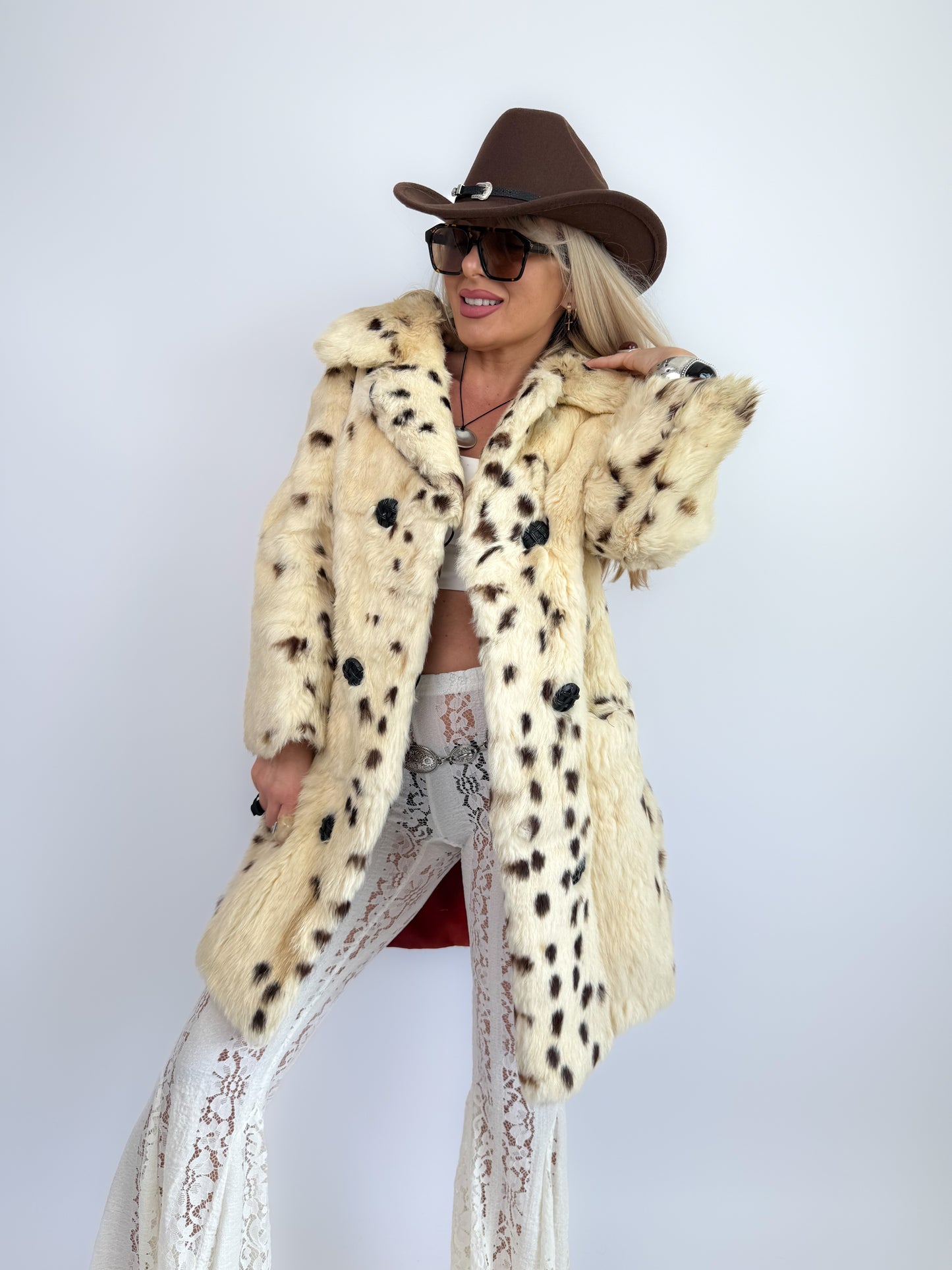 Vintage Natural Rabbit Fur Coat – Cream Brown Cow Print Mid-Length Winter Jacket Size XS-S
