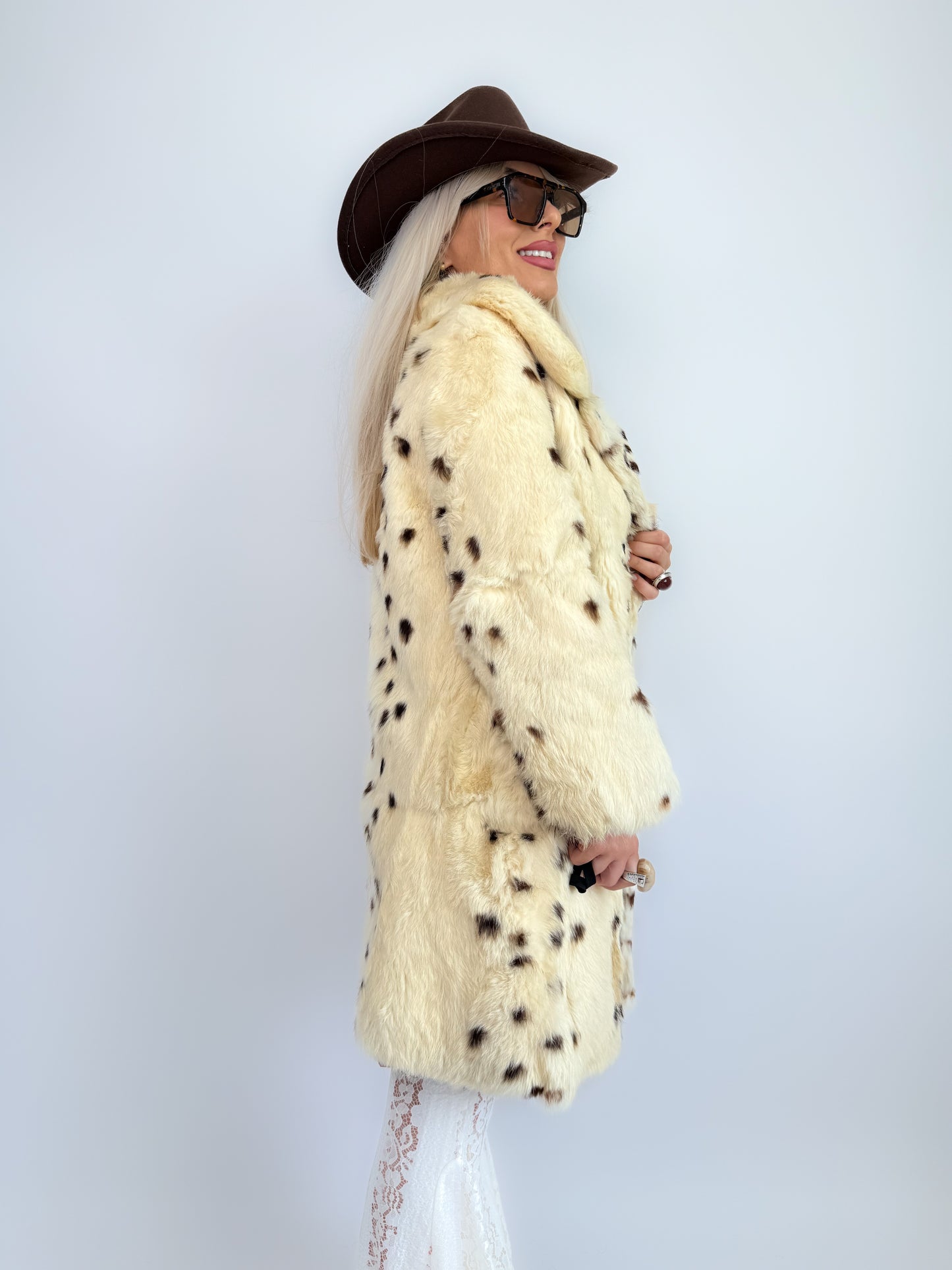 Vintage Natural Rabbit Fur Coat – Cream Brown Cow Print Mid-Length Winter Jacket Size XS-S