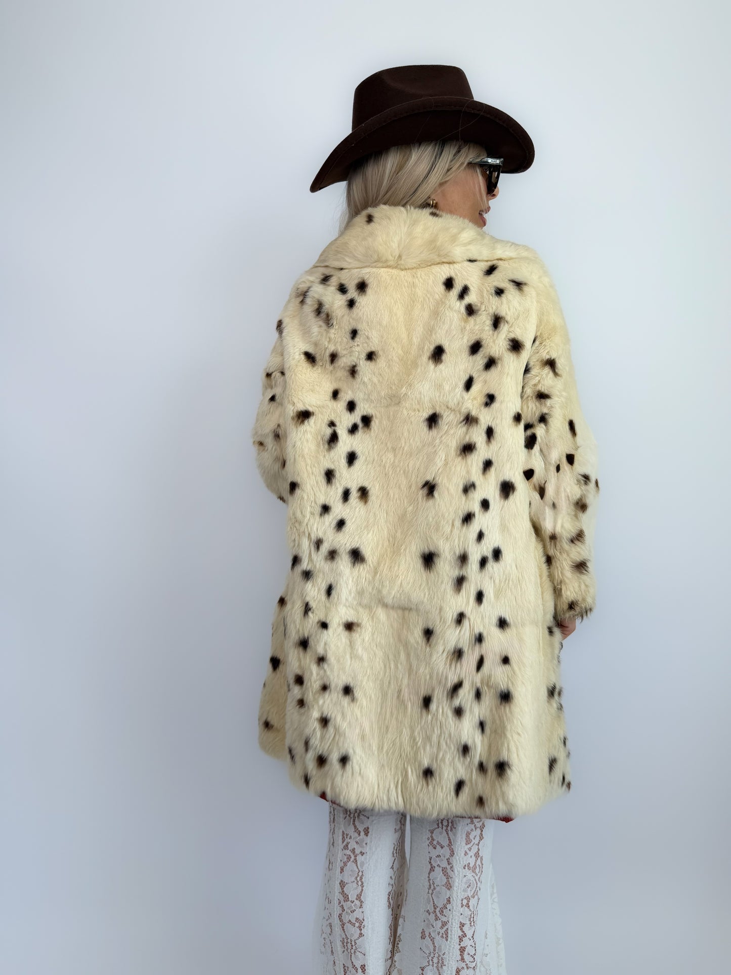 Vintage Natural Rabbit Fur Coat – Cream Brown Cow Print Mid-Length Winter Jacket Size XS-S