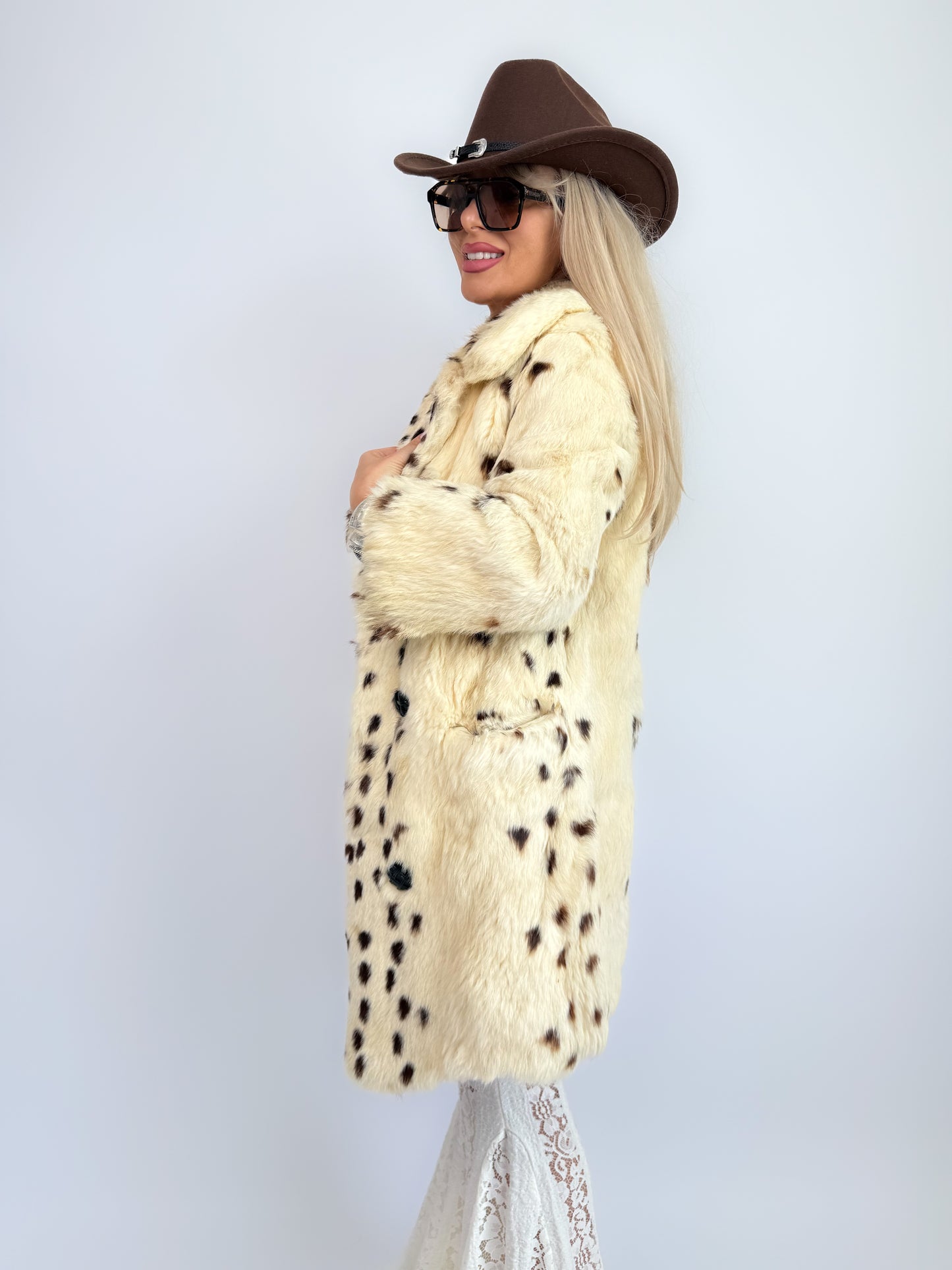 Vintage Natural Rabbit Fur Coat – Cream Brown Cow Print Mid-Length Winter Jacket Size XS-S